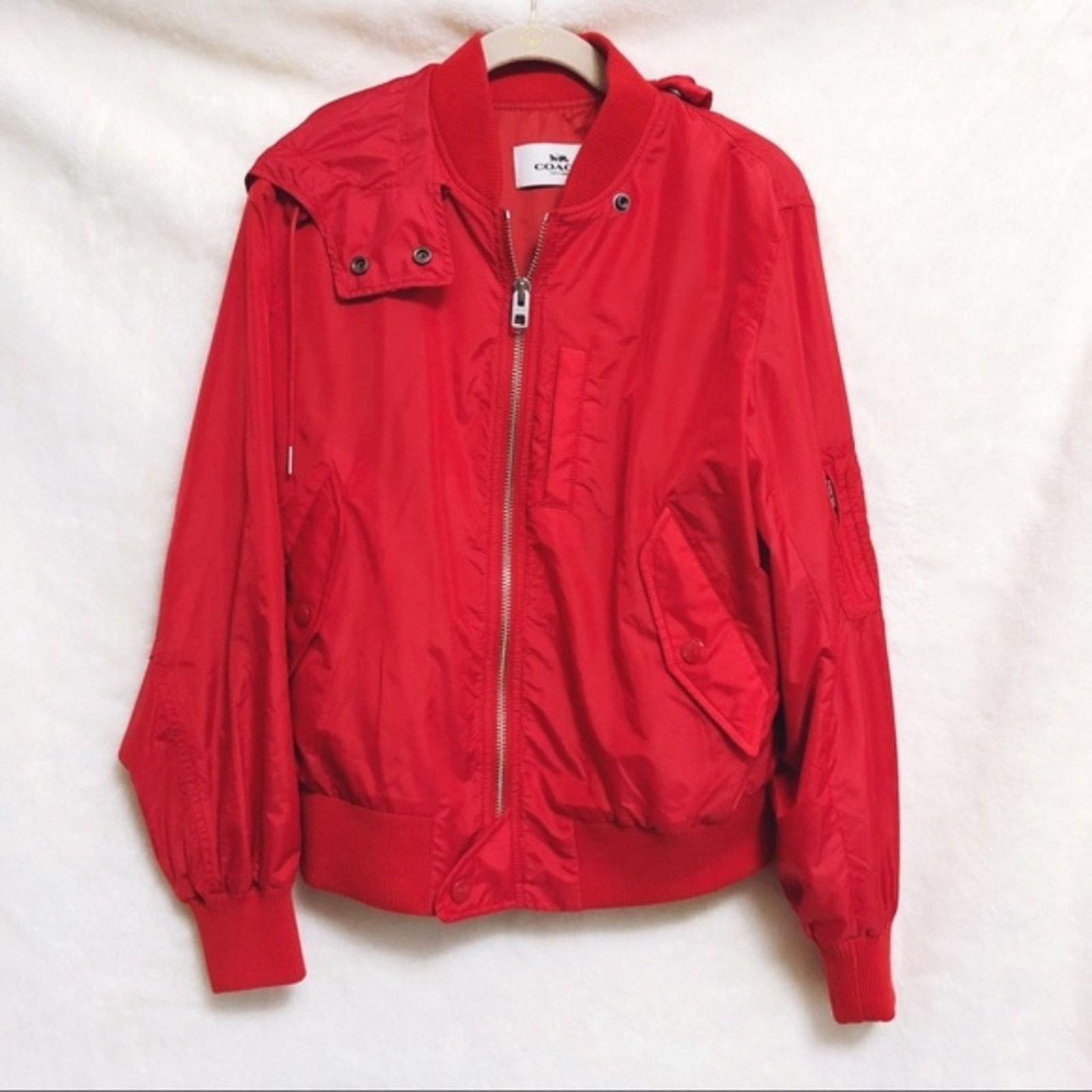 image of Coach Nylon Bright Red Stylish Hooded Jacket, Women's (Size Medium)