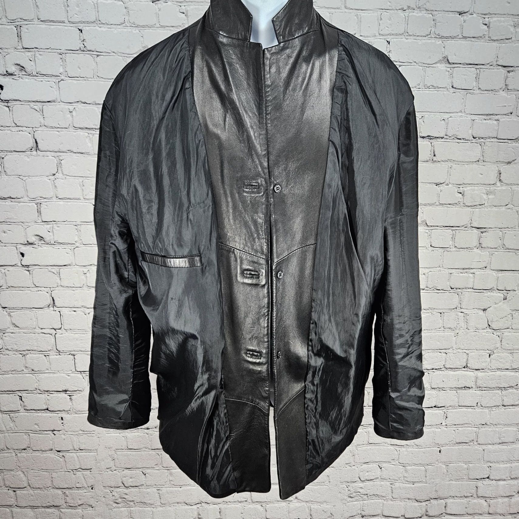 Vintage Santa Maria Del Fiore Blazer Jacket Leather Men 52 Black Solid Mid-Length Button Chest 46 Italy 42 US Classic 90s? Size 52R - 7 Thumbnail
