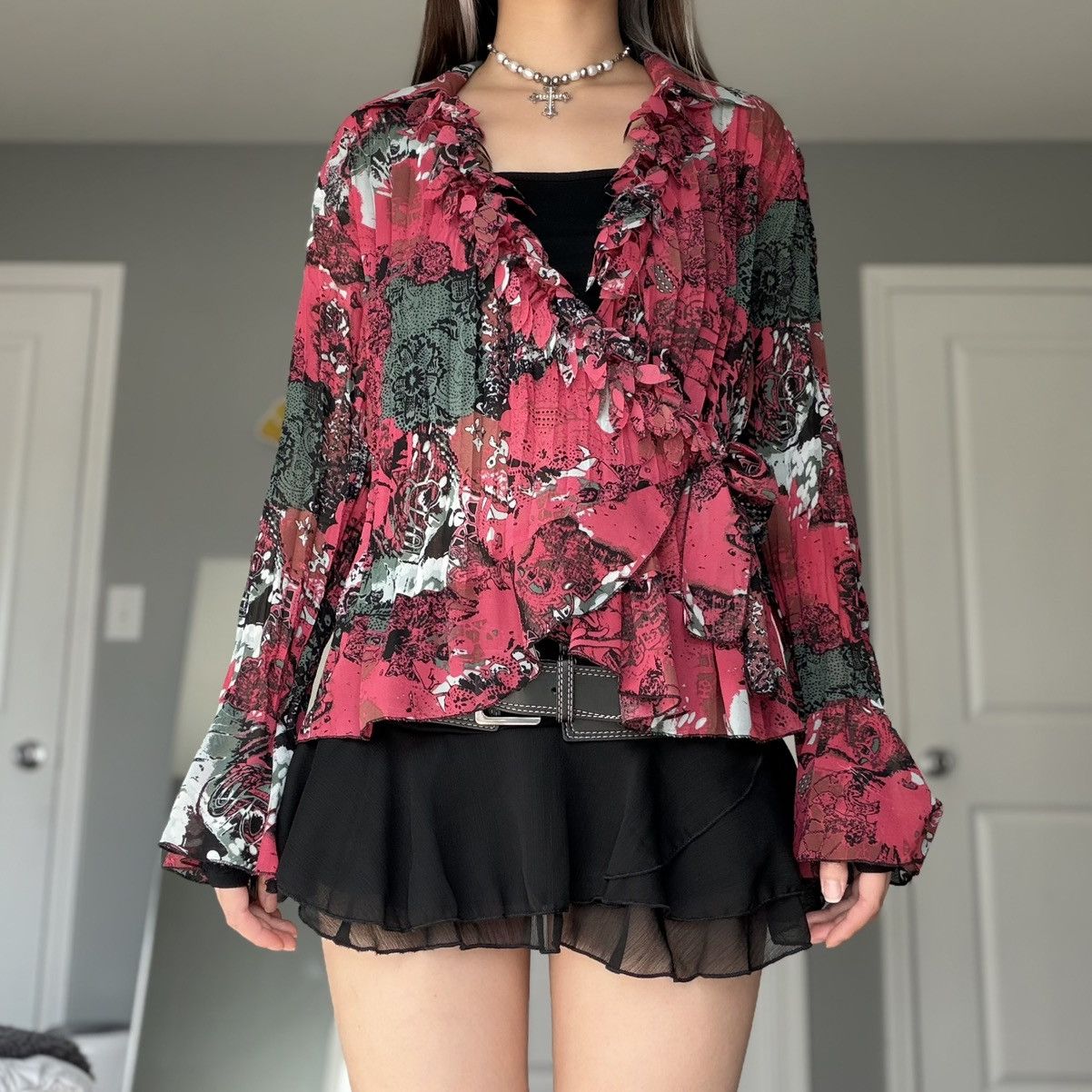 Other Studio 1940 Kimono Tied Wrap Blouse Raspberry Floral Graphic Size M / US 6-8 / IT 42-44 - 4 Thumbnail