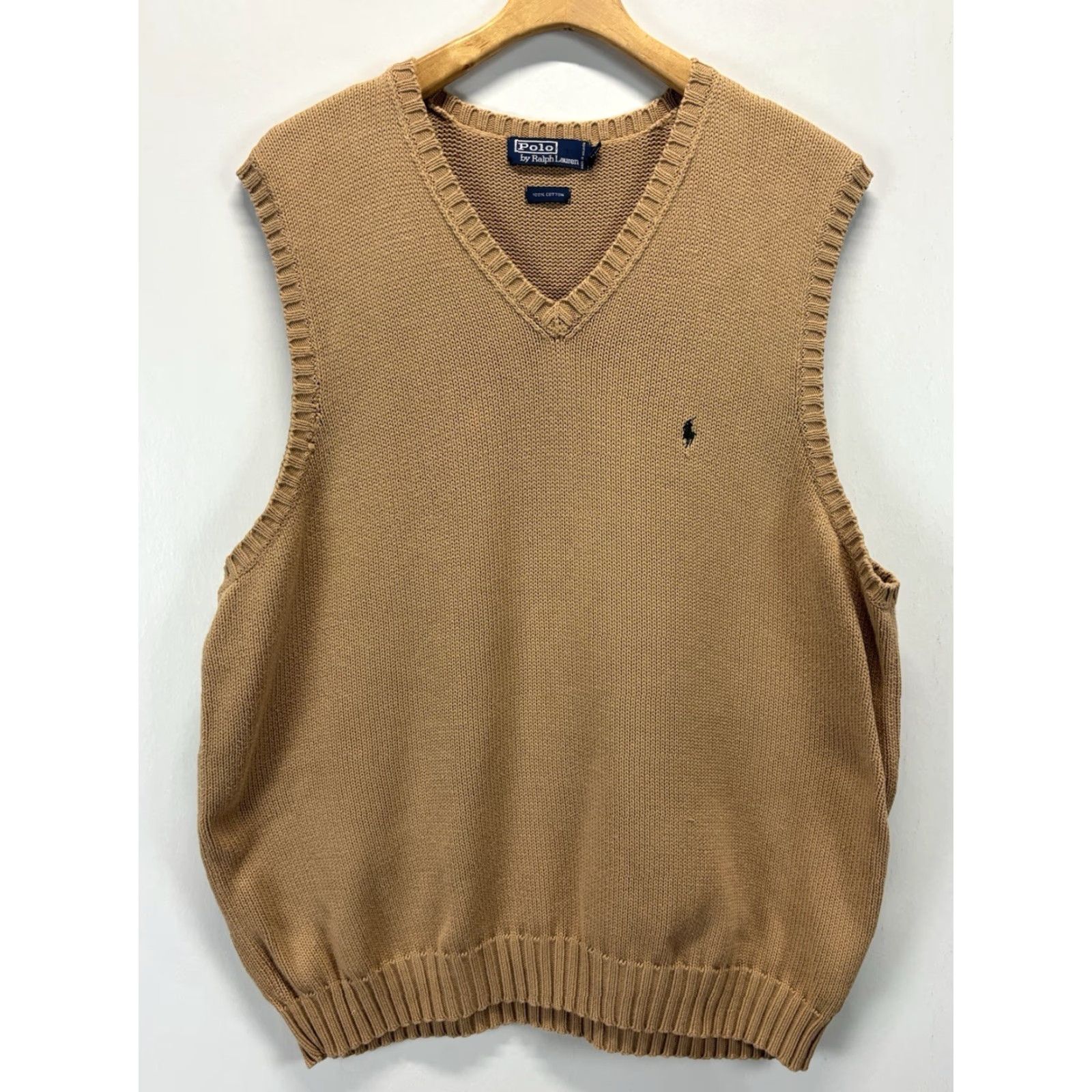 Polo Ralph Lauren VINTAGE Polo Ralph Lauren Sweater Vest Mens 2XB Big & Tall Tan V-Neck Knitted Cotton 90s Preppy Casual Business Solid Sleeveless Size US XXL / EU 58 / 5 - 2 Thumbnail