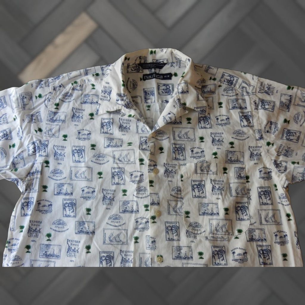 Nautica VTG Nautica Men's Hawaiian Shirt Size M Short Sleeve Button-Up White Cotton Camp Collar Stamp Loop Collar Mens Size US M / EU 48-50 / 2 - 1 Thumbnail