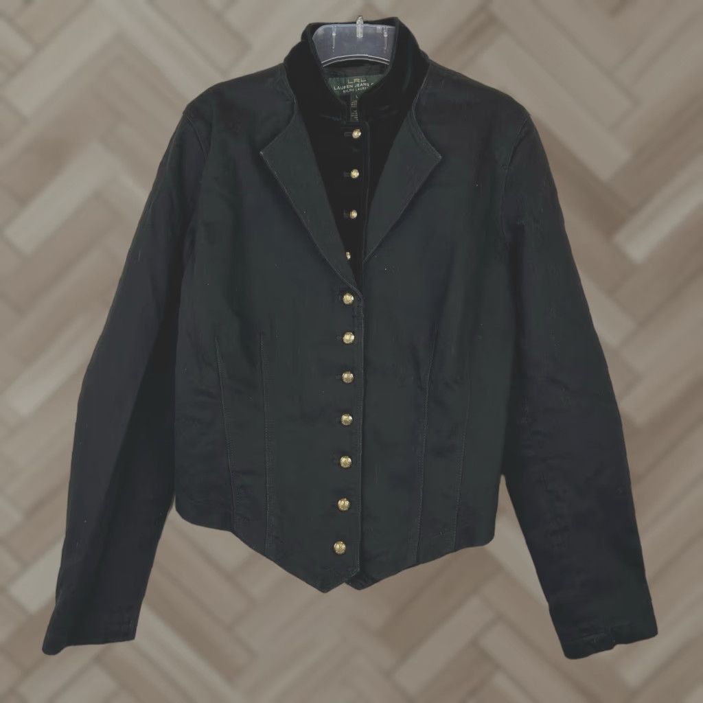 Ralph Lauren VINTAGE Ralph Lauren Jacket Women L Equestrian Velvet Trim Black Denim with velvet trim (Notch Lapel) LRL Blazer Suit Size L / US 10 / IT 46 - 1 Thumbnail