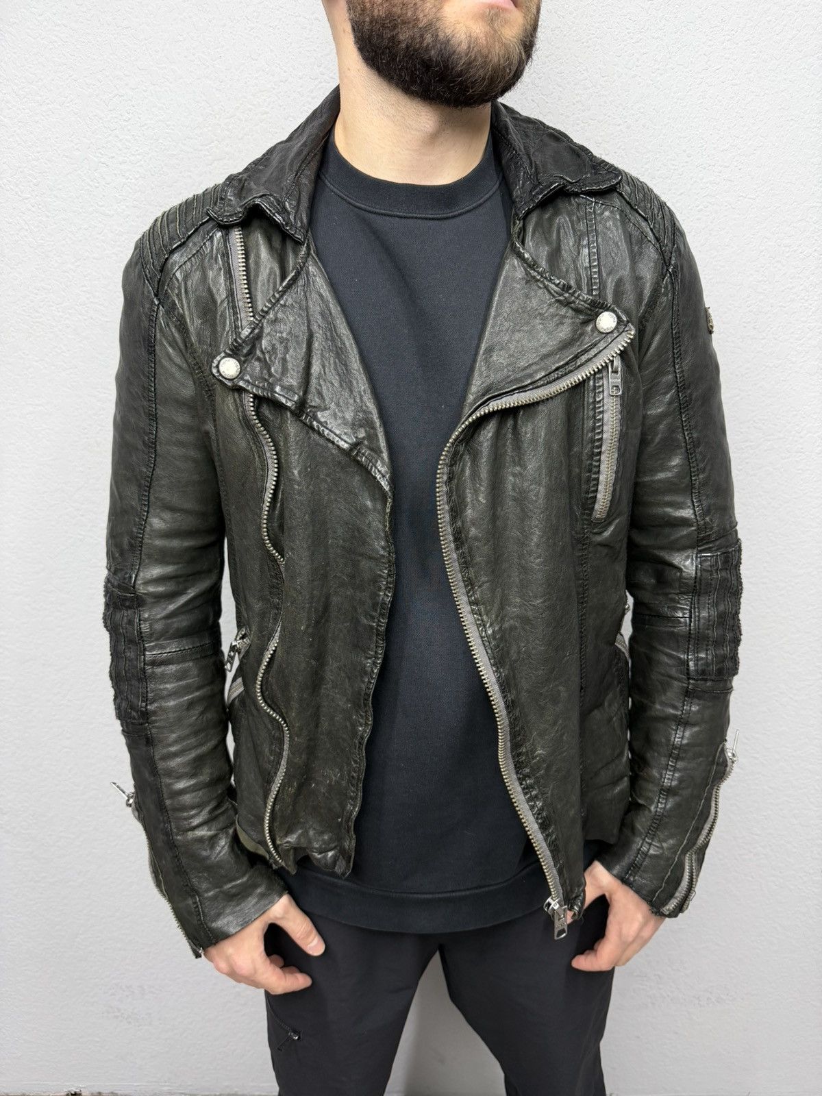 If Six Was Nine Rick Owens Style Bomber Cropped Leather Jacket Distressed Size US M / EU 48-50 / 2 - 8 Thumbnail