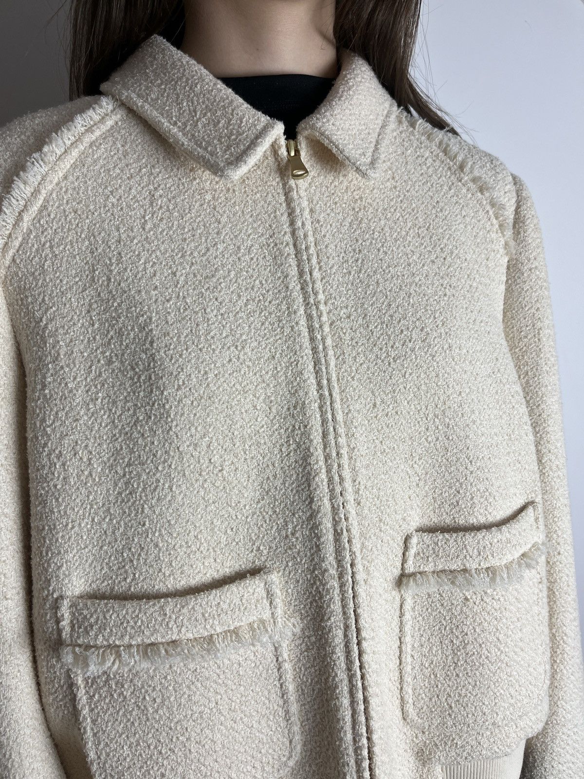 ME+EM ME+EM Tweed Bomber Jacket Cream Stretch Cotton Size XL / US 12-14 / IT 48-50 - 2 Thumbnail