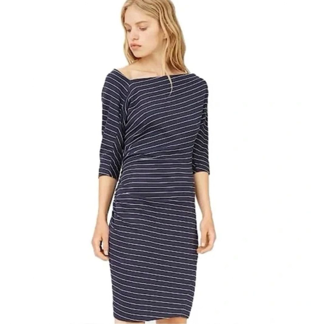 Club Monaco Club Monaco Navy Striped Asymmetric Ruched Midi Dress Size S Size S / US 4 / IT 40 - 1 Thumbnail