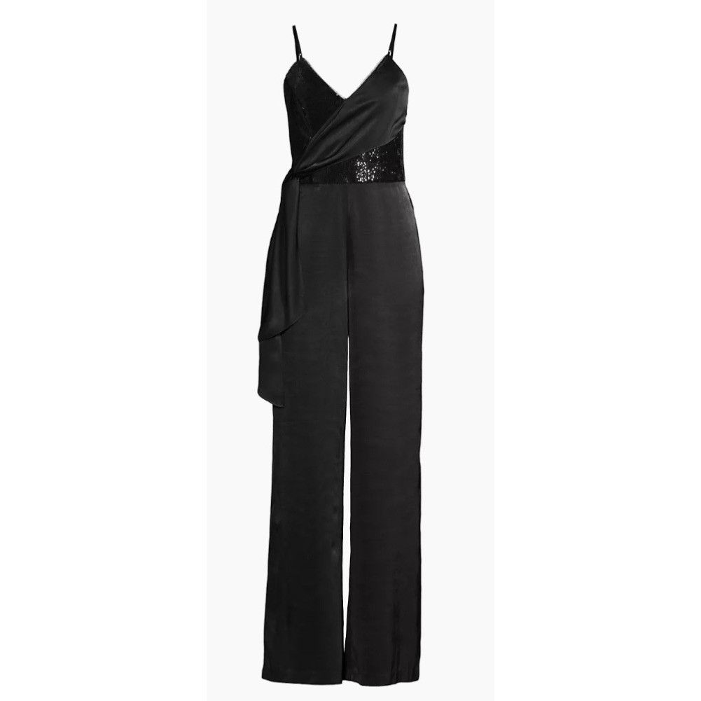 image of First Aid To The Injured Aidan By Aidan Mattox Sequin-Embellished Wrap Jumpsuit 8 New in Black, Wom