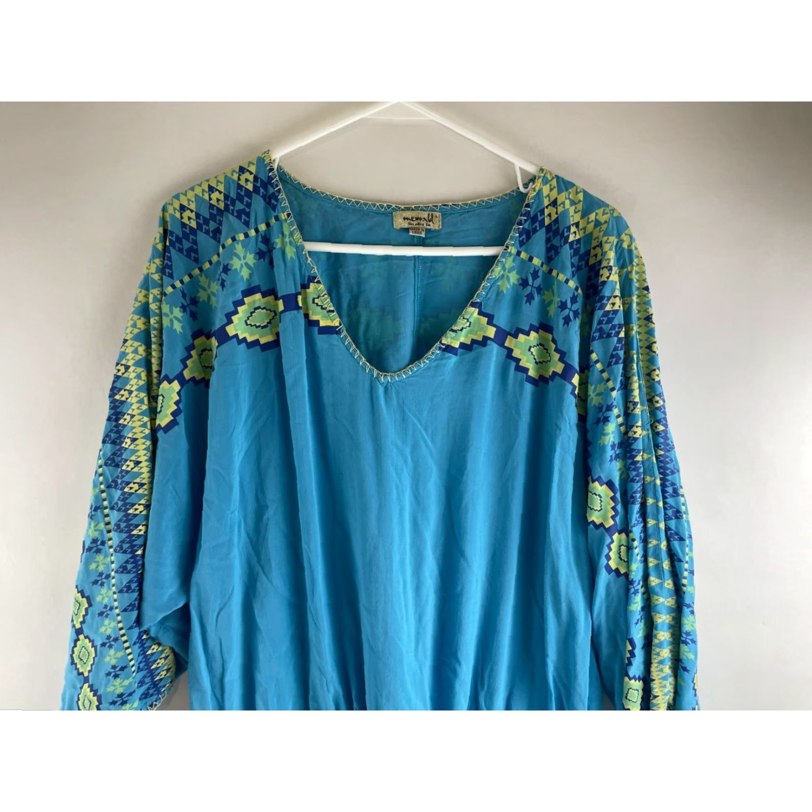 Vintage One World Swim Cover Boho Women's Large Long Sleeve V-Neck Waist Drawstring Shirt Size L / US 10 / IT 46 - 3 Thumbnail