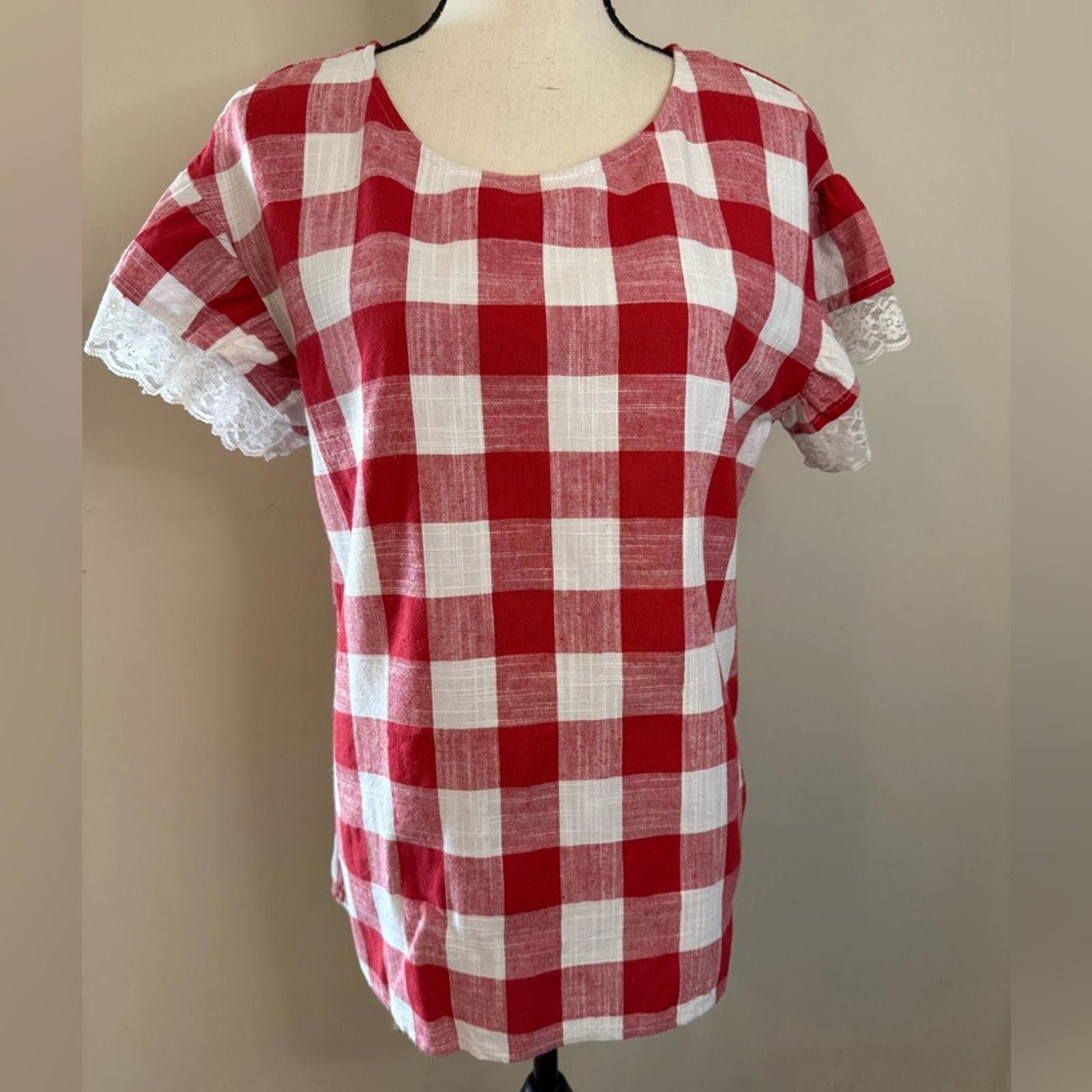 Other Wonderland by Orange linen blend red white plaid lace top LG Size L / US 10 / IT 46 - 1 Thumbnail