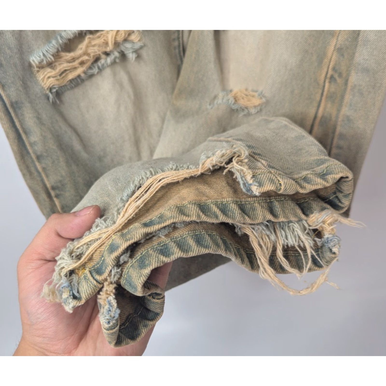 Denime Moojimooji Jeans Mens Aged Sand Distressed Denim Frayed Hem Made USA Streetwear Size US 31 - 4 Thumbnail