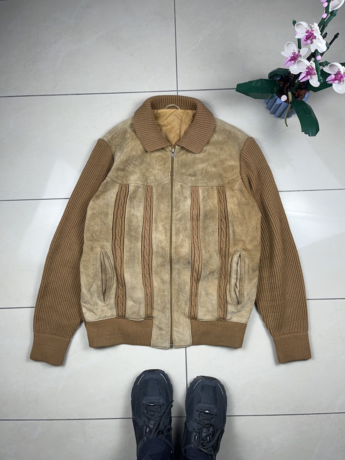 Genuine Leather ➕ vintage 70s wool cable knit suede leather jacket old money Size US L / EU 52-54 / 3 - 1 Thumbnail