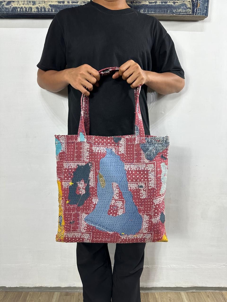 Custom Made Distressed Denim Paisley Patchwork Boro Tote bag