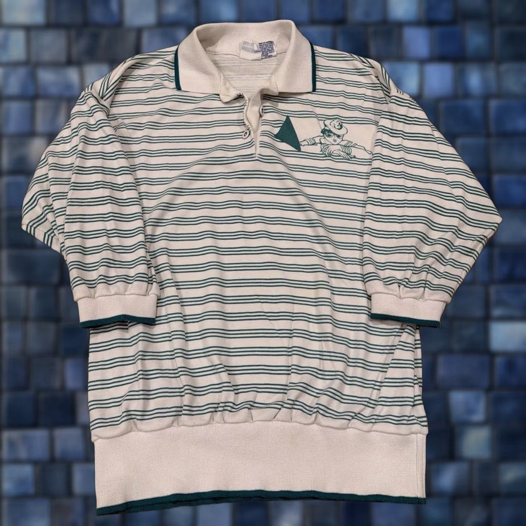 Catalina VINTAGE Catalina Polo Sweater Striped Preppy Green White Womens Size Medium Pullover Knit Long Sleeve Dolman Sleeve Collared Nautical Casual السفر Size M / US 6-8 / IT 42-44 - 1 Thumbnail