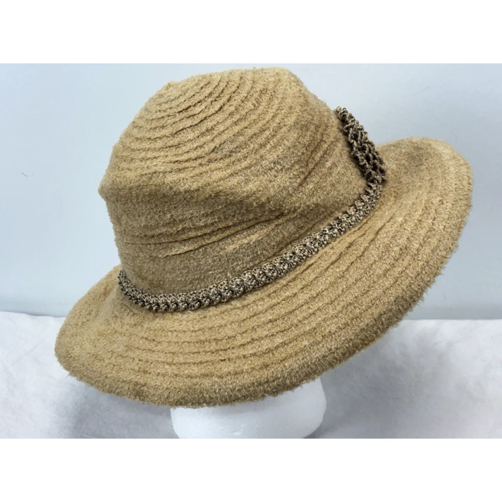 Vintage VINTAGE Chenille Wide Brim Hat Crochet Flower Detail Tan 90s Womens Size ONE SIZE - 5 Thumbnail