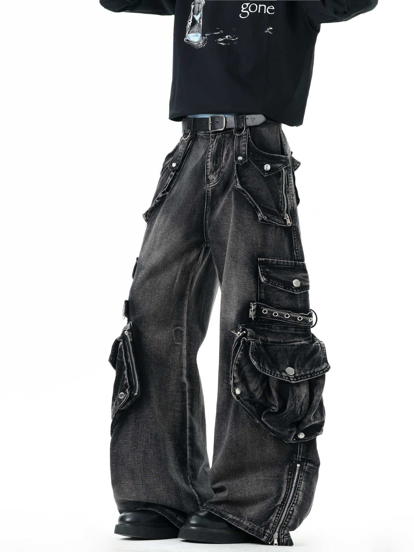 Japanese Brand Black Wide Leg Cargo Denim Pants, Baggy Cargo Jeans Size US 28 / EU 44 - 11 Thumbnail
