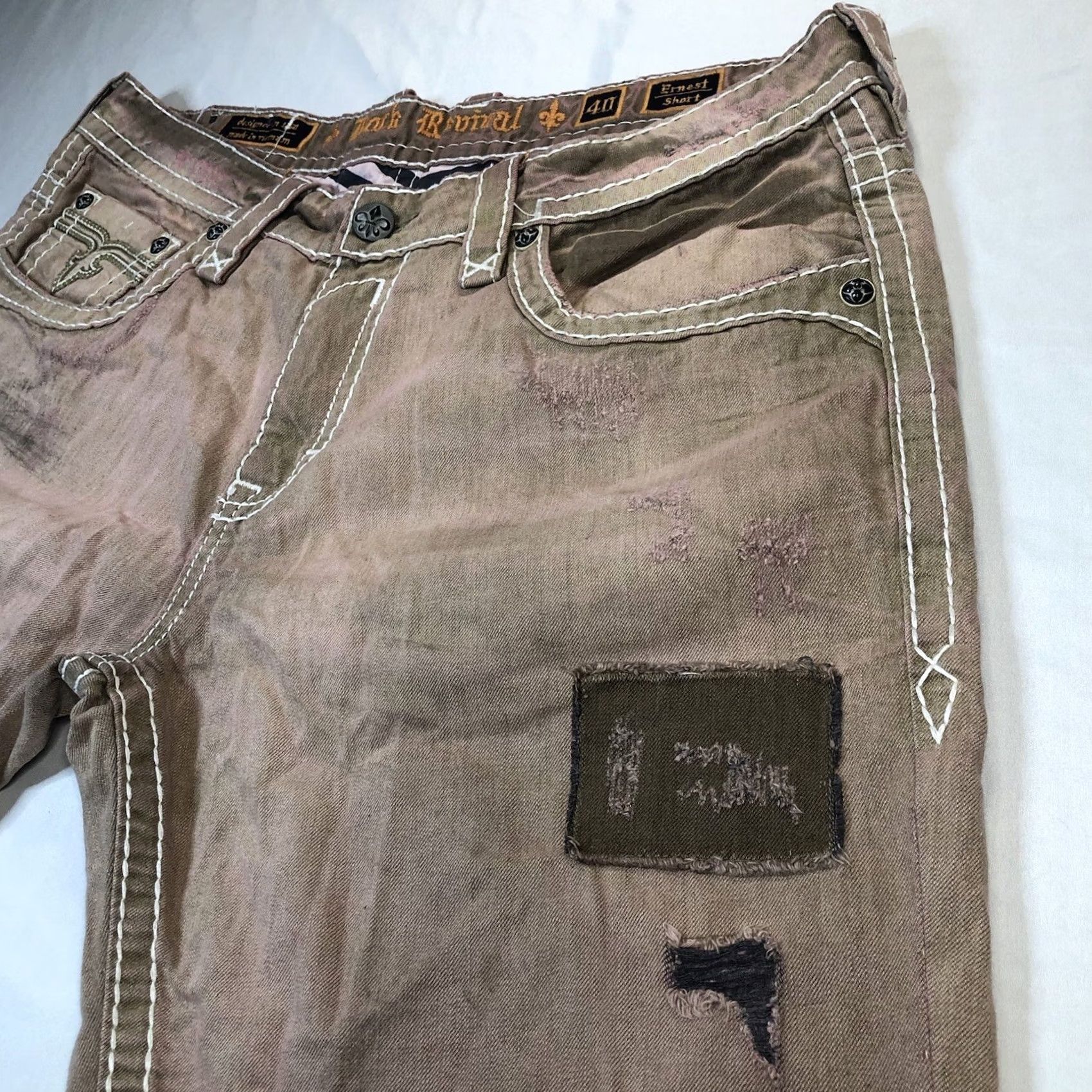 Vintage Rock Revival Ernest Mens 40 Pink Jean Shorts Studded Patchwork Distressed 13" Inseam Regular Fit Blood Line Rock Revival Ernest Men's Shorts Size US 40 / EU 56 - 5 Thumbnail