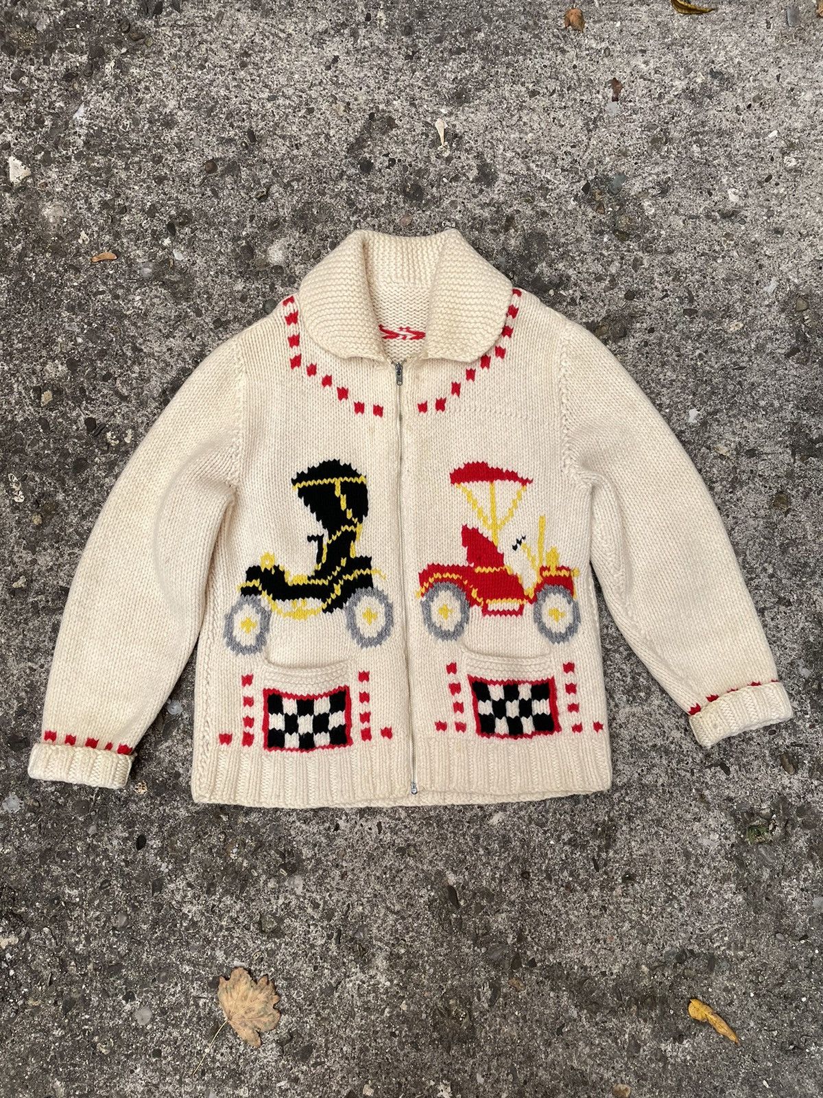 Handmade × Vintage VTG 1950’s Hand Knit Model T Car Wool Cowichan Sweater Size US XL / EU 56 / 4 - 1 Thumbnail