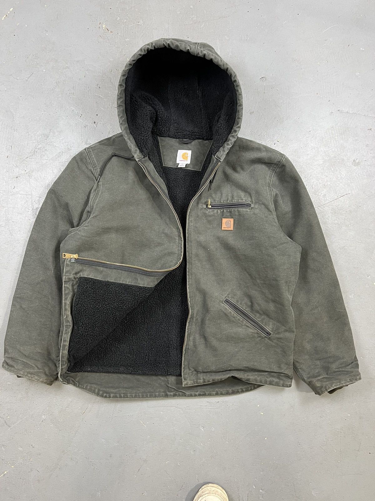 image of J141 Mos Carhartt Moss Green Hood Canvas Fleece Line Jacket in Brown, Men's (Size XL)