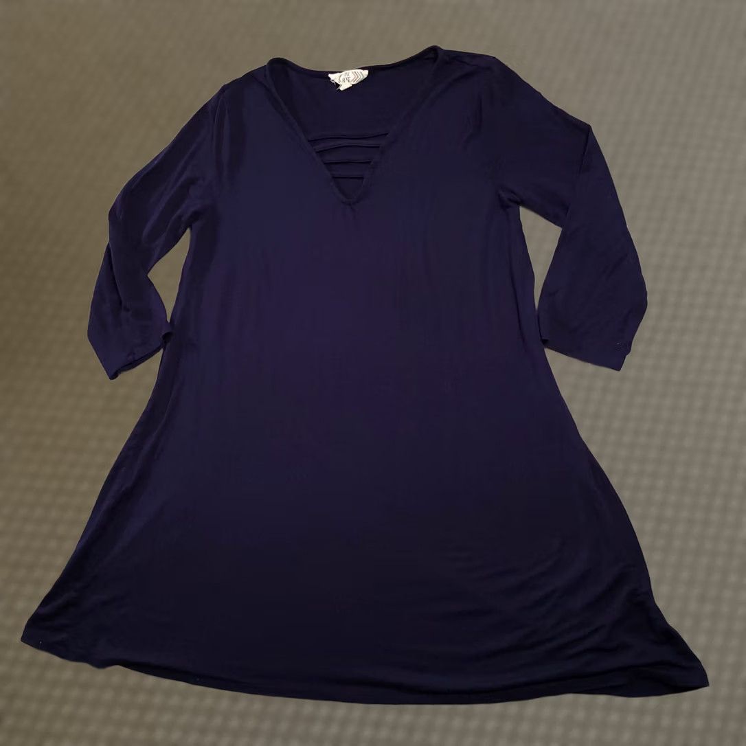 Vintage Pink Rose Dress Womens Large Blue Long Sleeve Knee Length Stretch V Neck Dress Size L / US 10 / IT 46 - 1 Thumbnail