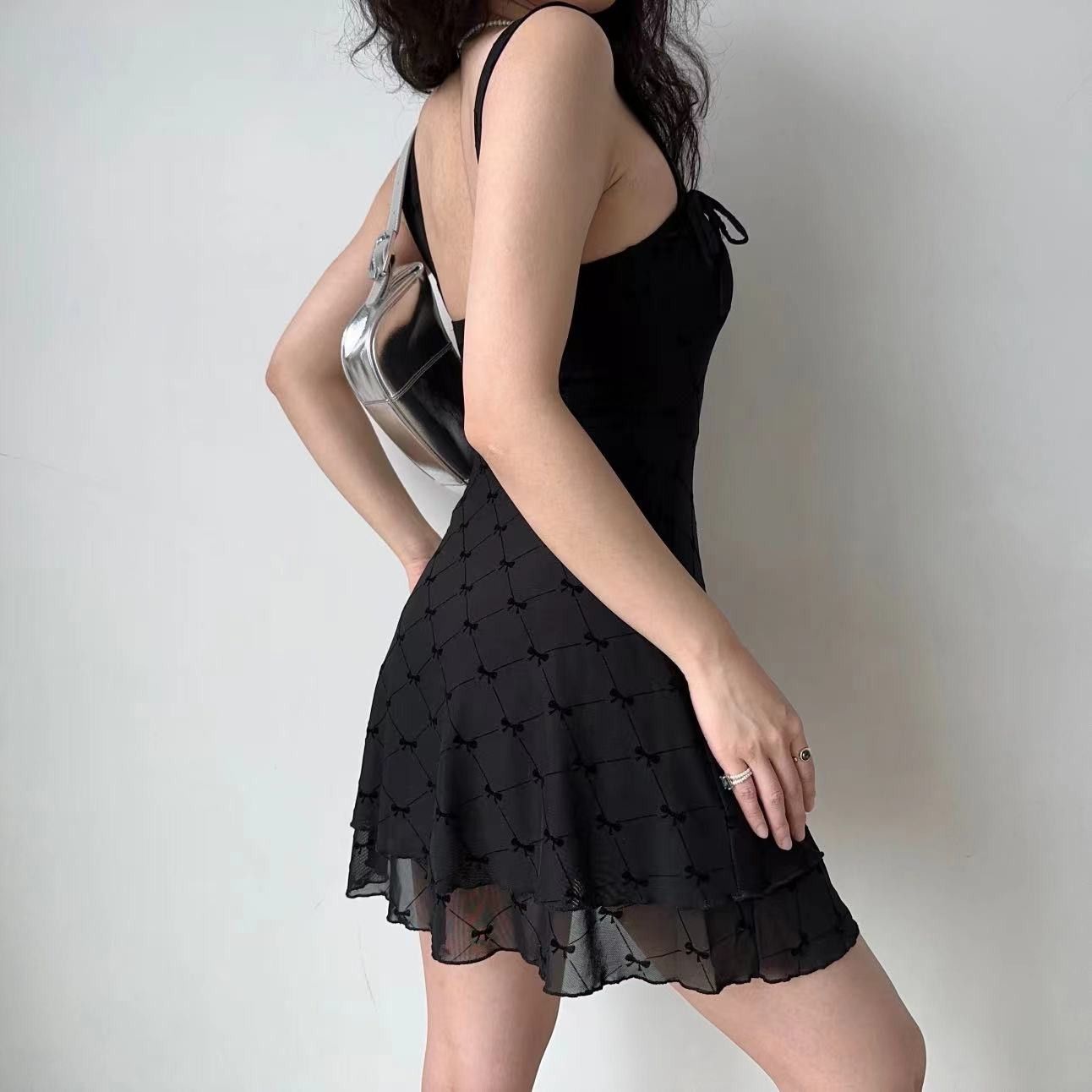image of Vintage Black Square Neck Bow Plaid Suspender Dress, Women's (Size Medium)