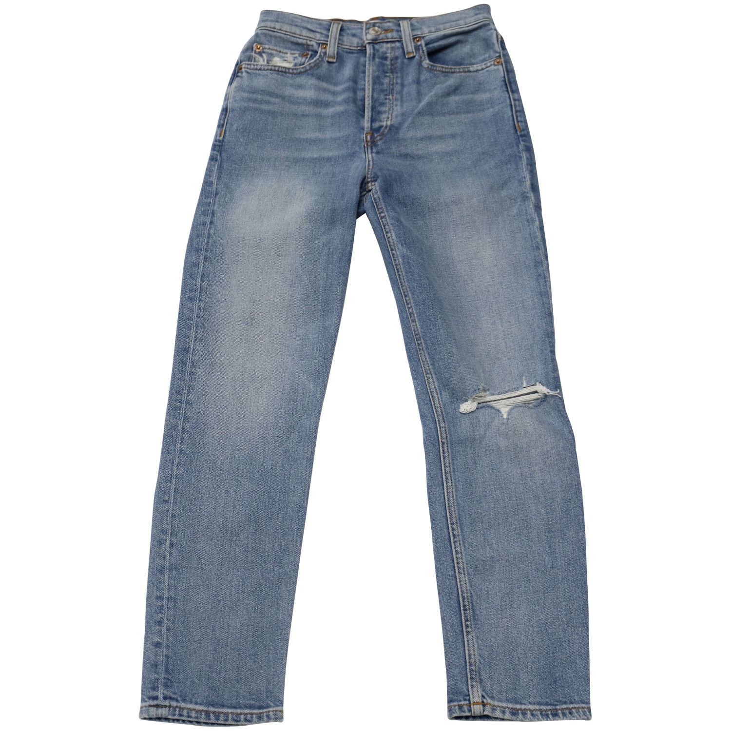 RE/DONE Redone Cropped Distressed Straight Jeans in Blue Denim Size 25" / US 0 / IT 36 - 1 Thumbnail