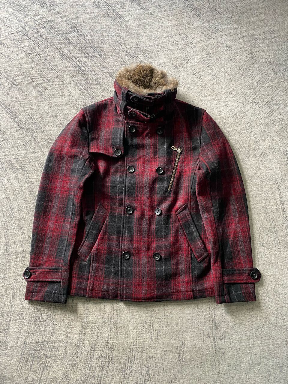 Rattle Trap Wool Plaid Rabbit Fur Collar Peacoat Jacket