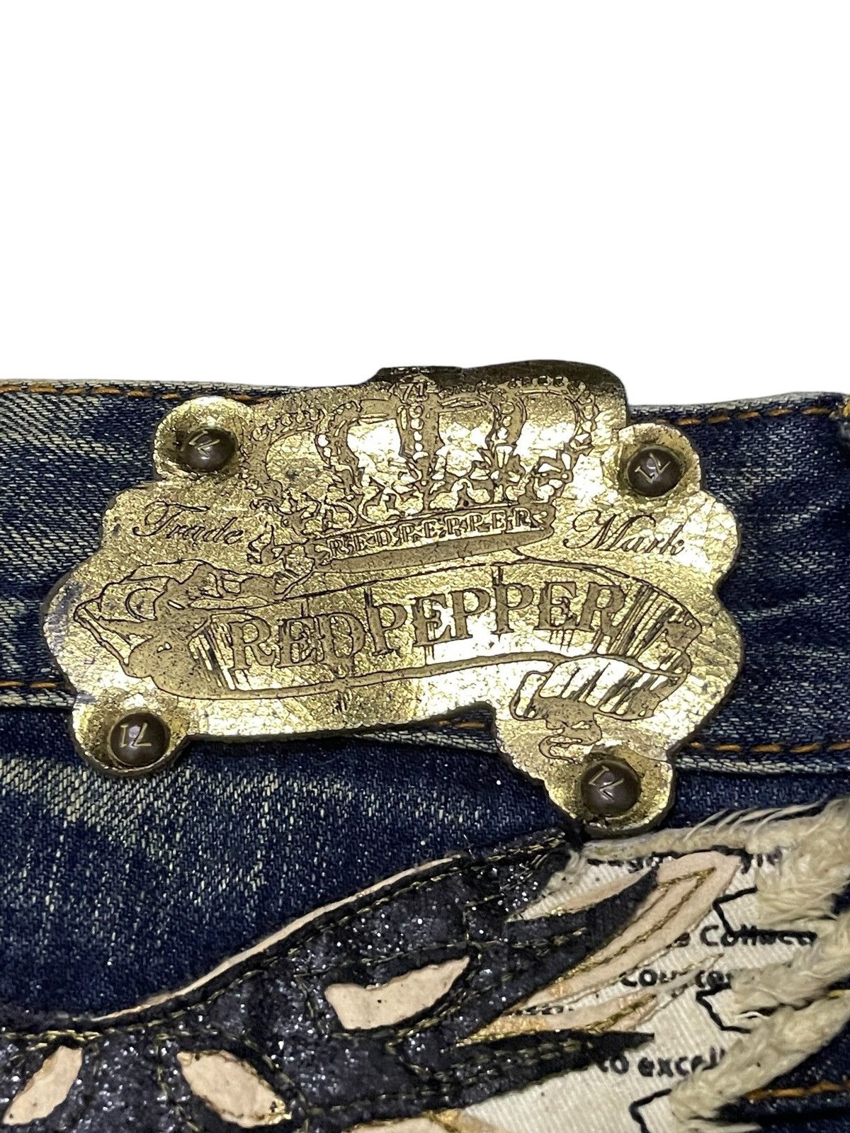 Japanese Brand × LOWBOX × semanticdesign Red Pepper Japan Leather Feather Wings Mud Wash Flare Jeans Size US 30 / EU 46 - 21 Thumbnail