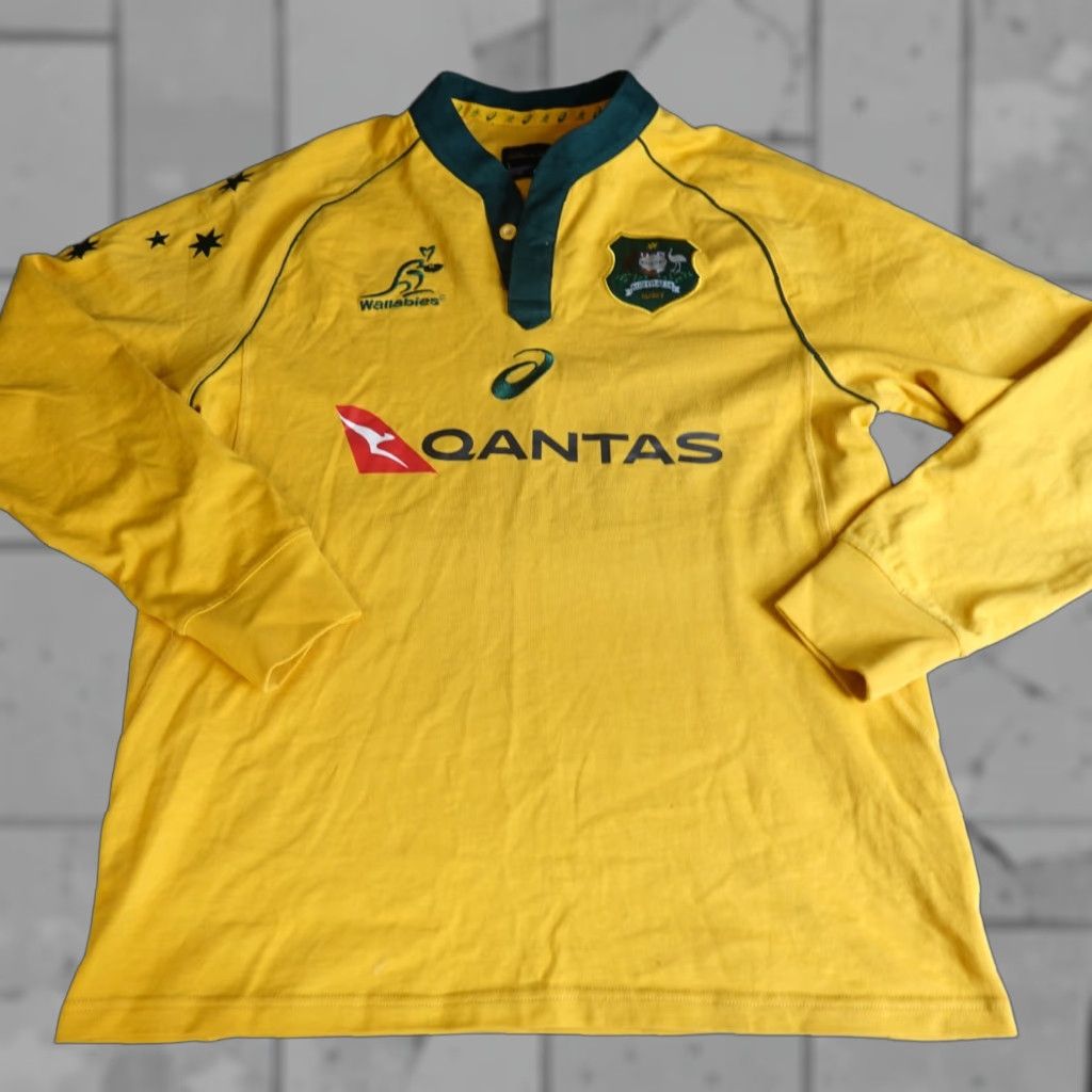 VINTAGE ASICS Wallabies Rugby Shirt L Blue Polo Embroidered Raglan Long Sleeve Button Collared Cotton Knit Men's Shirt Rugby 90s