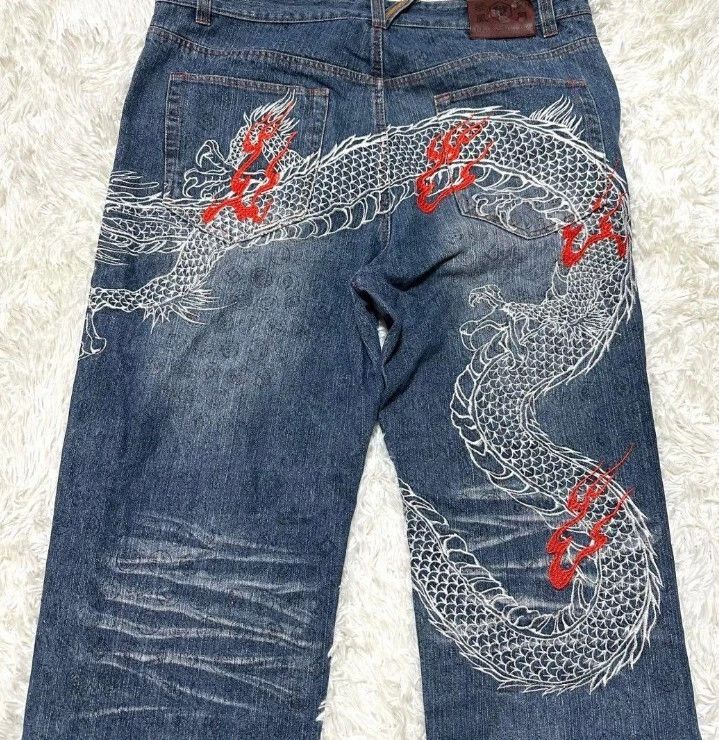Other Kacho Fugetsu Dragon Embroidered Wide Denim Jeans Japanese Size US 38 / EU 54 - 2 Thumbnail