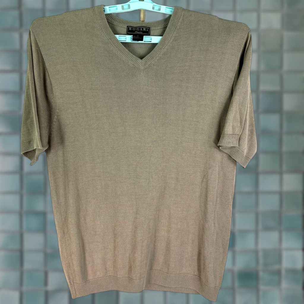 Vintage Bogari Silk Blend V-Neck Short Sleeve Sweater Men's XL Beige Pullover Lightweight Breathable Casual Size US XL / EU 56 / 4 - 1 Thumbnail