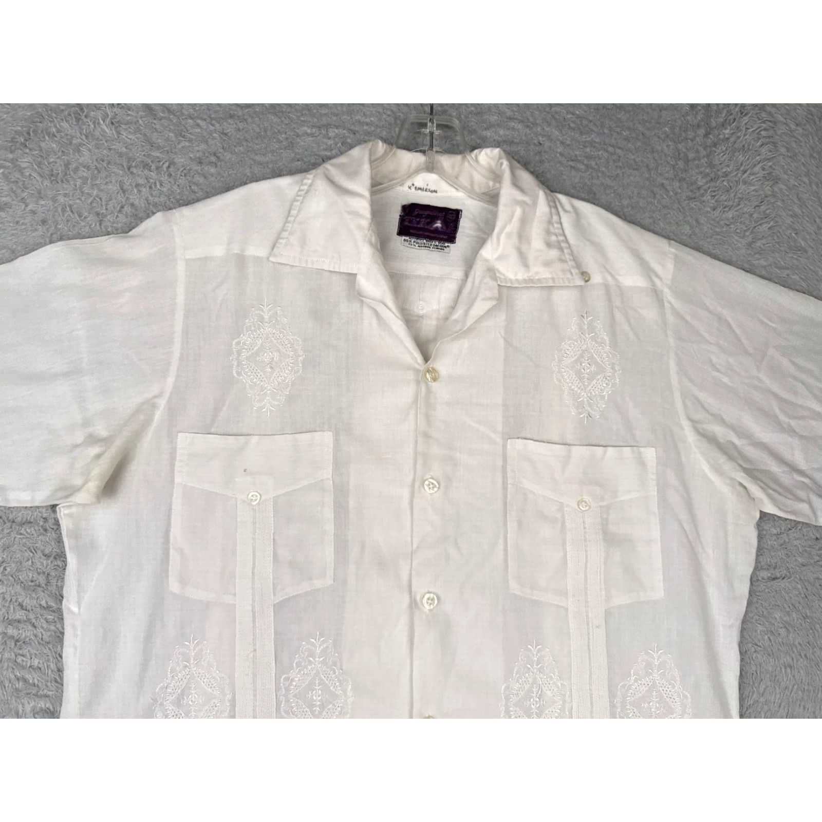 Vintage Tikal Shirt Men 40 White Polyester Blend 4 Pocket Button Up Tikal Hawaiian Aloha Beach Vacation Resort Shirt Mens White Size US L / EU 52-54 / 3 - 4 Thumbnail