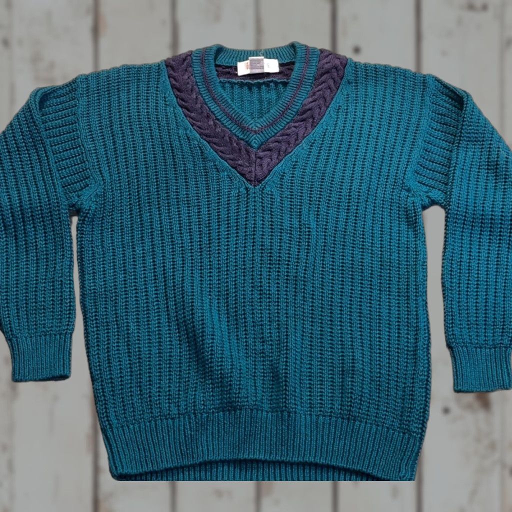 Vintage INSITE Sweater Turquoise Blue Cable Knit Navy Blue Stripe V Neck Preppy Men’s Lg Size US L / EU 52-54 / 3 - 1 Thumbnail