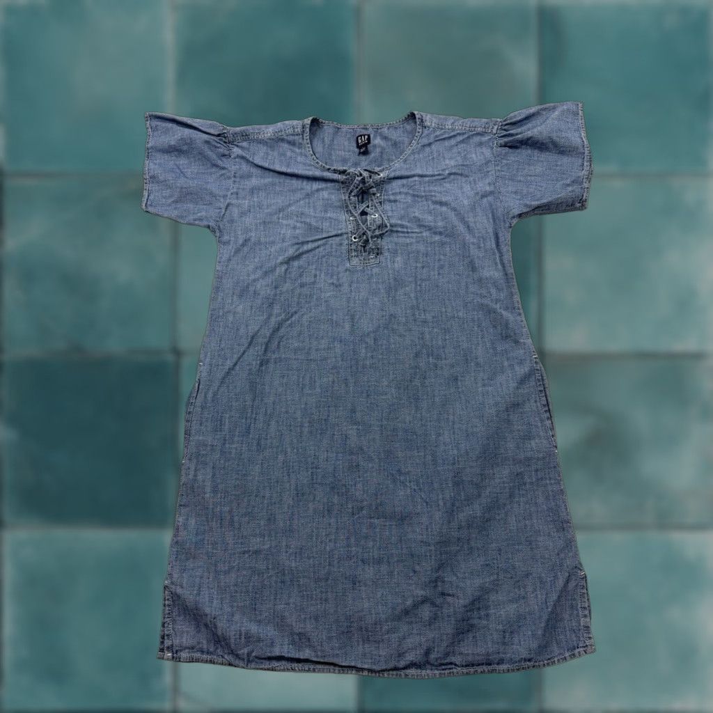 Gap Gap Blue Denim Dress Womens Small Puff Sleeve Lace-Up Shift With Pockets Size S / US 4 / IT 40 - 1 Thumbnail