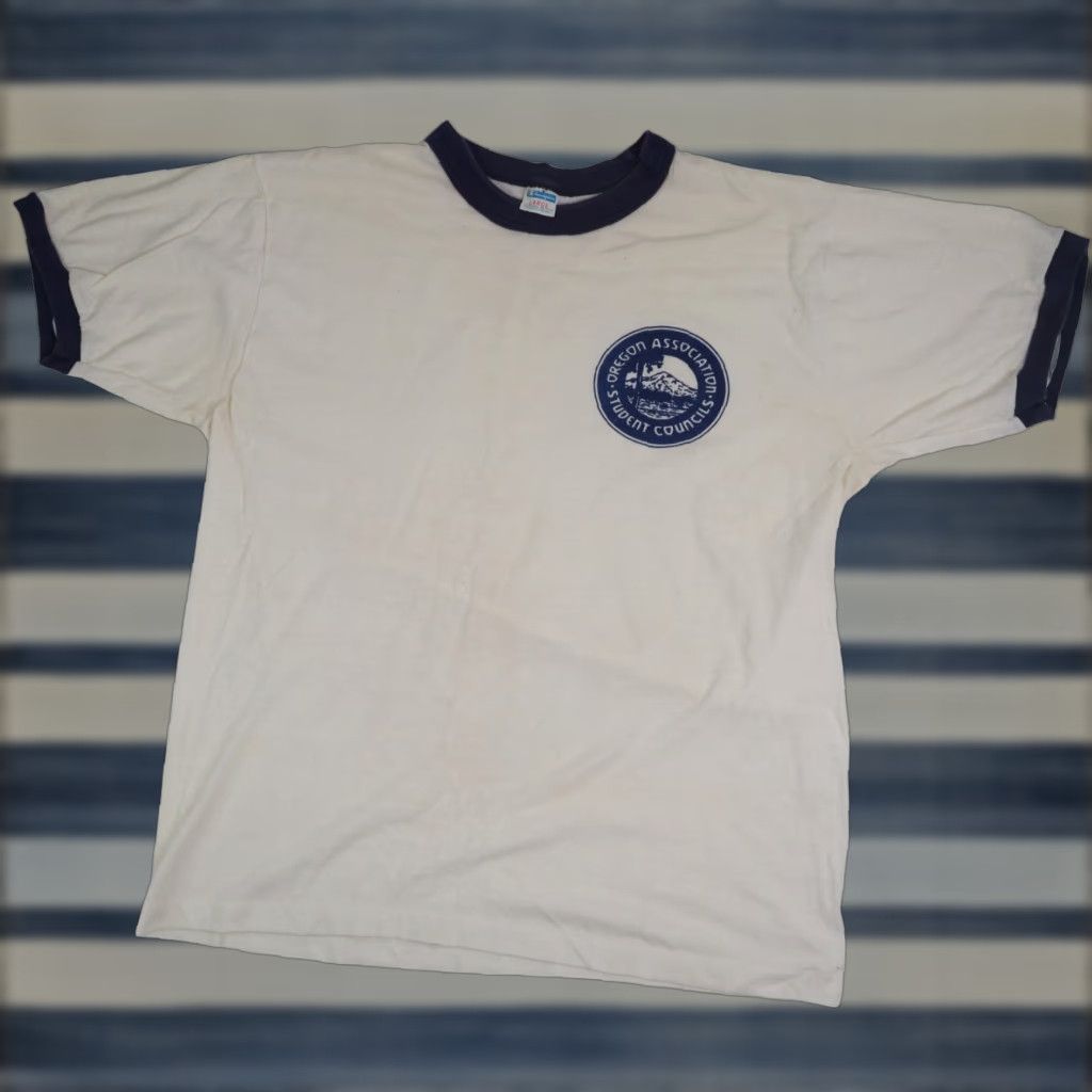 Champion VINTAGE Champion Oregon Association Student Councils Ringer T Shirt Shirt Mens L White 8/10 19"x26" Size US L / EU 52-54 / 3 - 1 Thumbnail