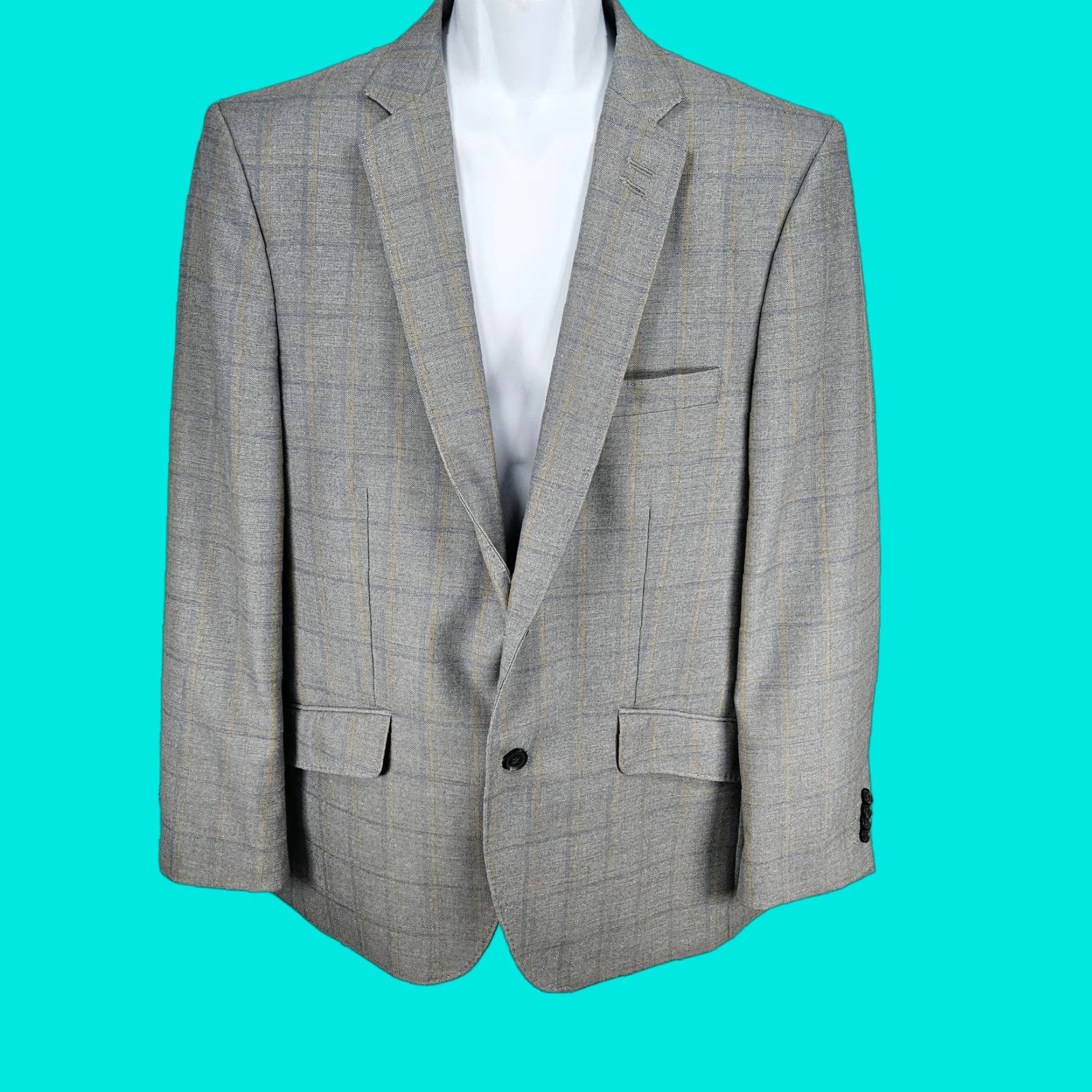 Haggar Haggar Co Originals Blazer Sport Coat 44R Grey Windowpane 2 Button Notch Single-Breasted Four-Button Double-Vented Mens Jacket Size 44R - 1 Thumbnail