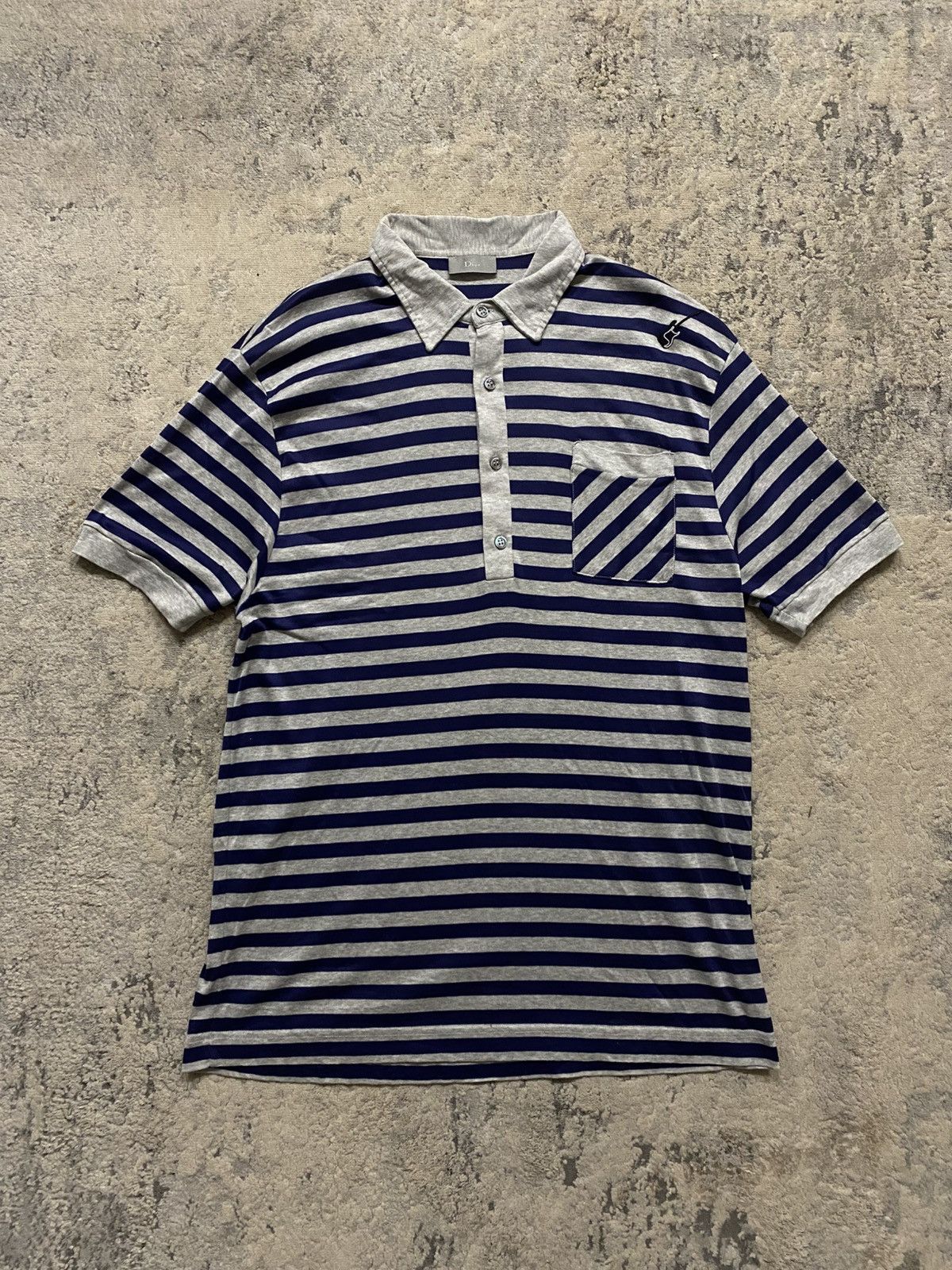 Pre-owned Dior X Hedi Slimane Ss05 Striped Guitar Embroidery Polo In Gray