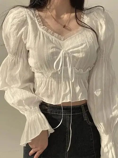 image of Vintage Women's Puff Sleeve Chiffon Blouse Korean Ruffle in White
