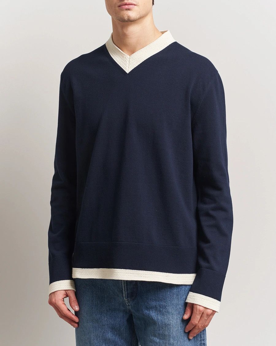 Jil Sander o1loc1c0426 Contrast Trim V-Neck Sweater in Navy Blue Size US L / EU 52-54 / 3 - 2 Thumbnail