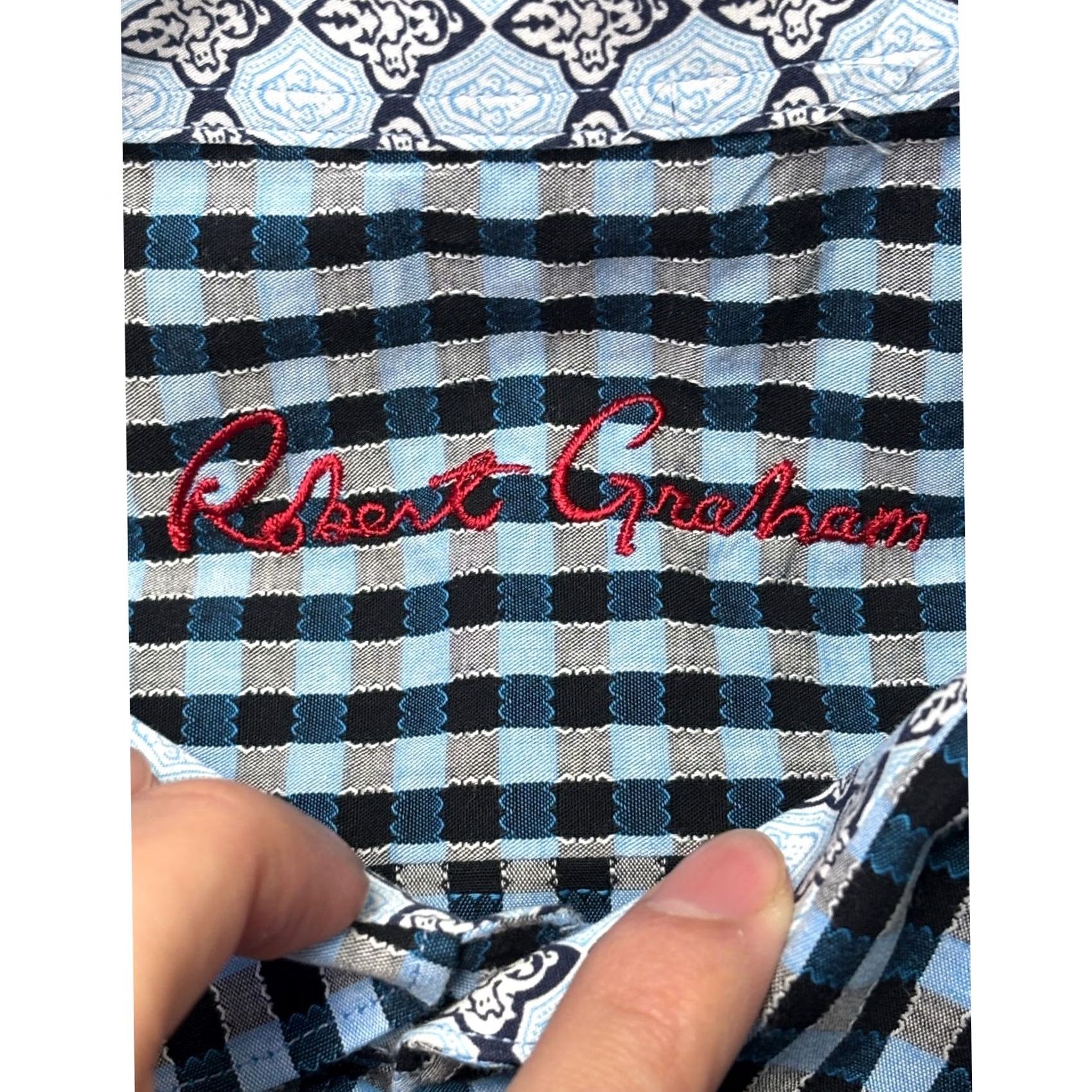 Robert Graham Robert Graham Mens XL Classic Fit Blue Gingham Check Cotton Button Down Shirt Size US XL / EU 56 / 4 - 4 Thumbnail