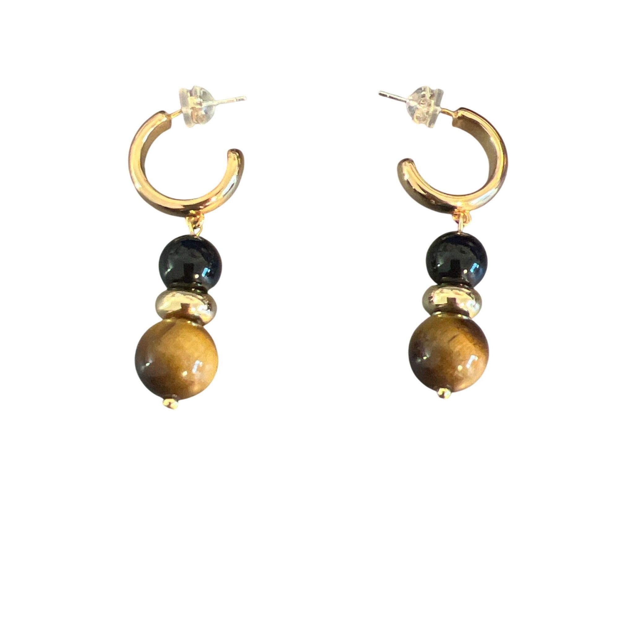 Other Vintage Gold Tone Tigers Eye Black Onyx Beaded Hoop Earrings Size ONE SIZE - 1 Thumbnail