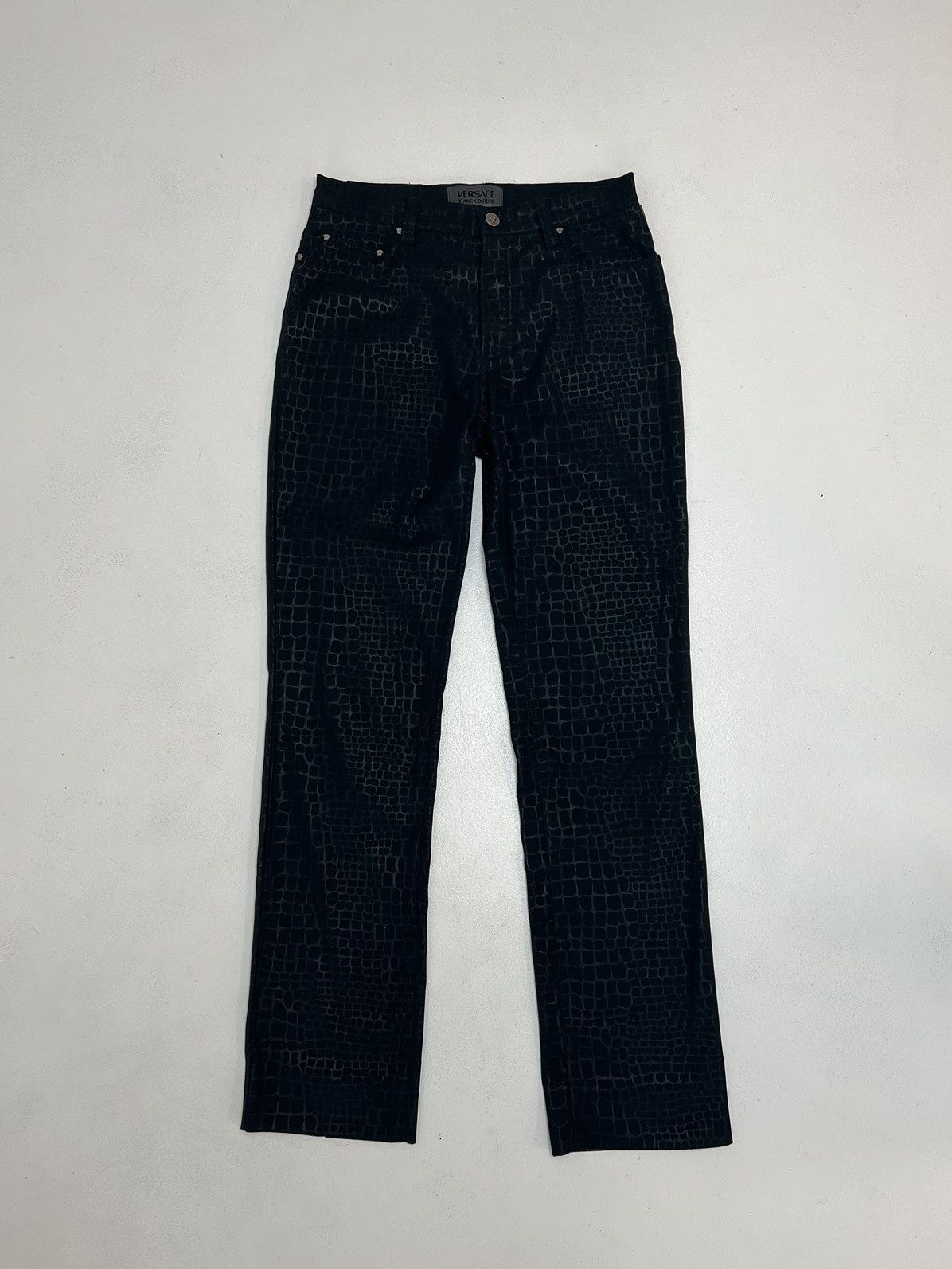 image of Vintage Versace Jeans Couture Medusa Printed Pants in Blue, Women's (Size 28)