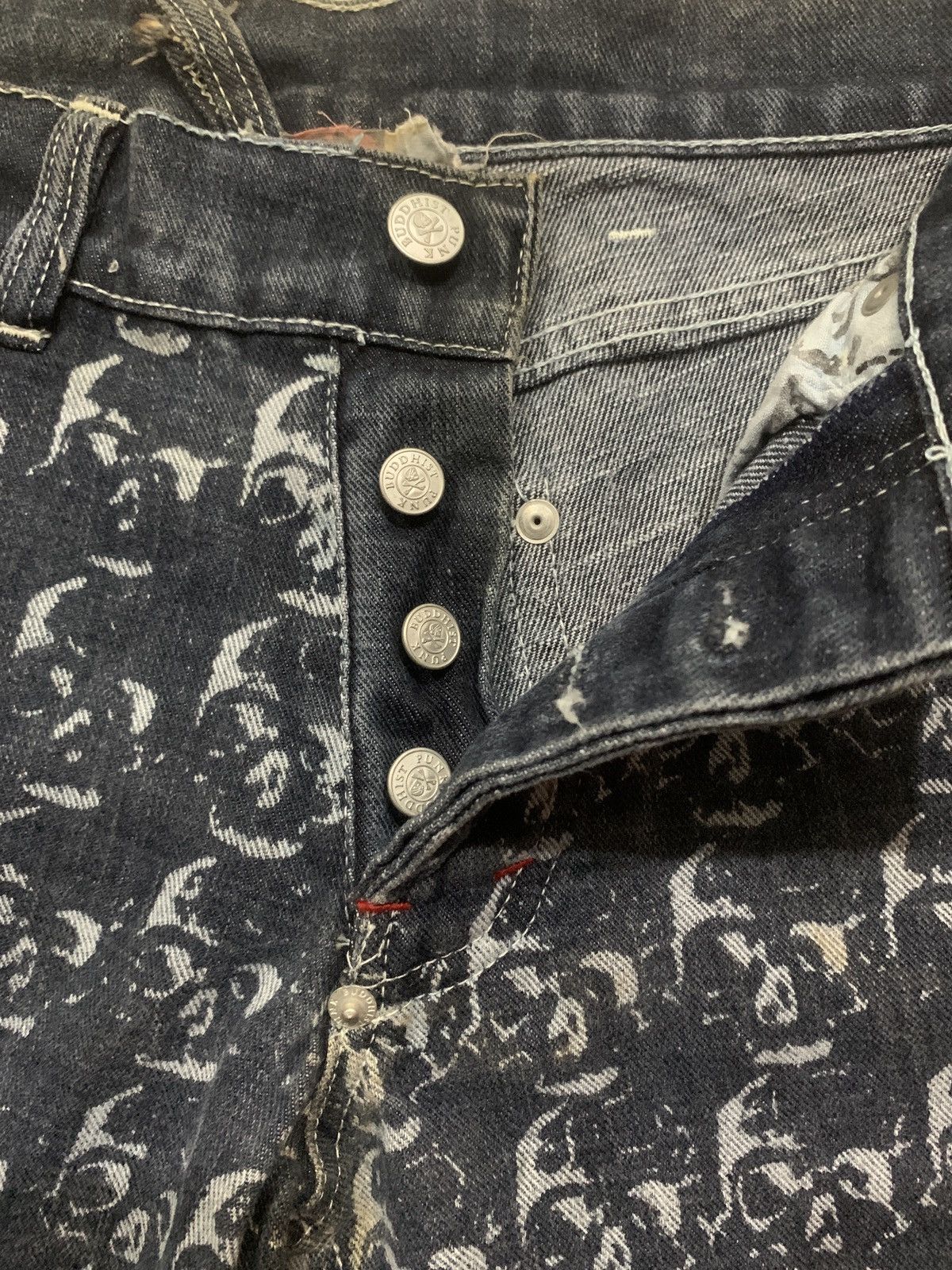 Japanese Brand Vintage Buddhist Punk Skull All Over Print Flared Jeans Size US 27 - 10 Thumbnail