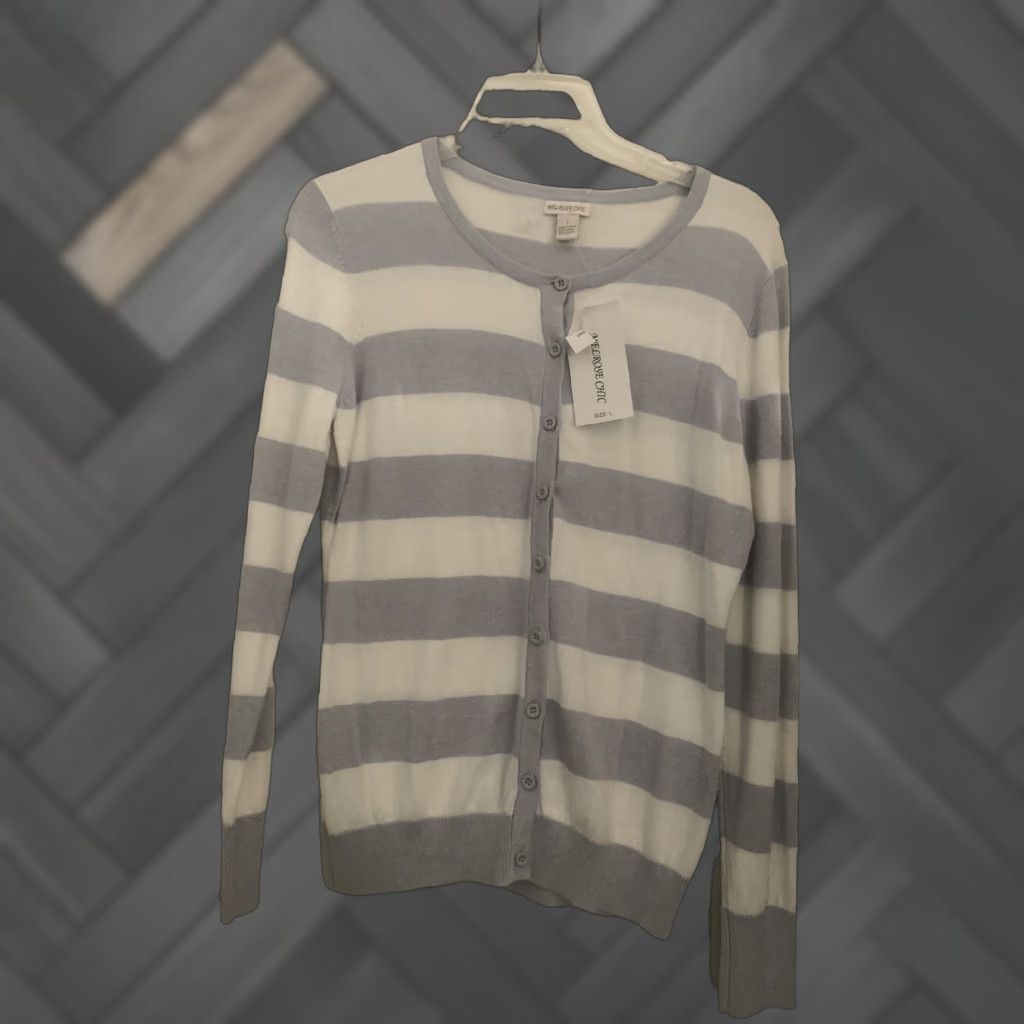 Vintage Melrose Chic New York Women Gray White Striped Button up Cardigan Size L NWT Size L / US 10 / IT 46 - 1 Thumbnail