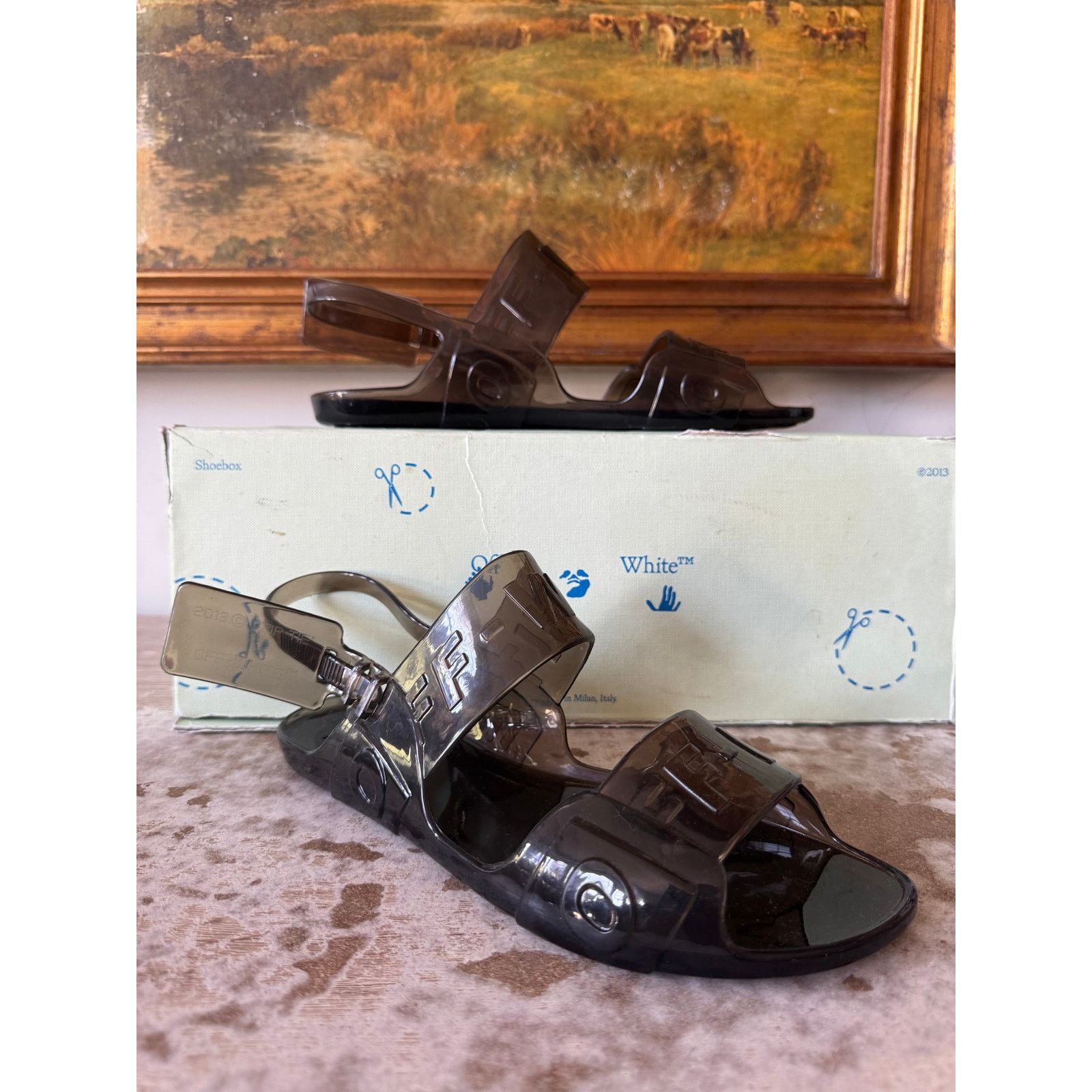 Off White Jelly Zip Tie Slingback Flat Sandal w Box Size 5
