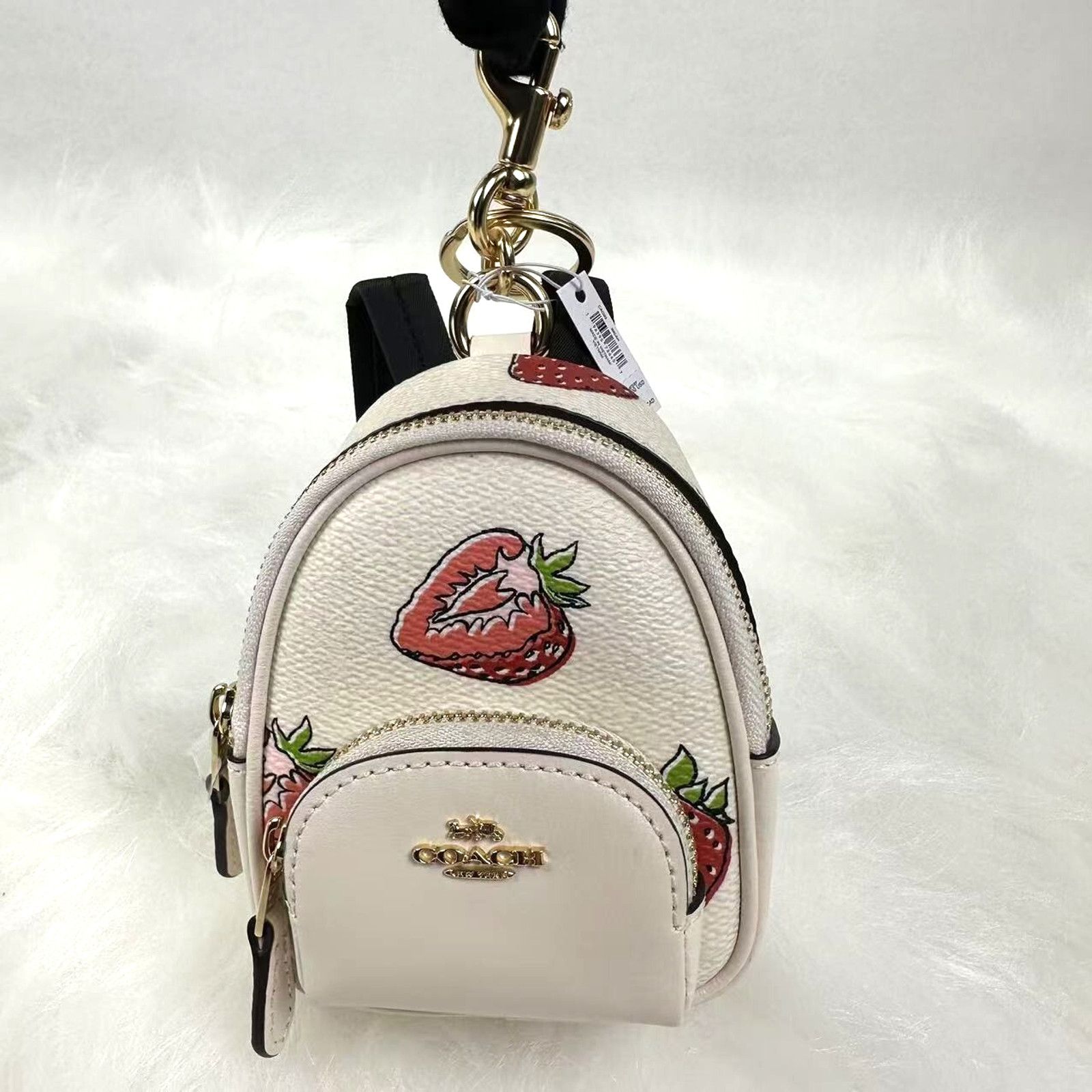 Coach Mini Court Backpack Bag Charm Strawberry Print NWT in White, Women's