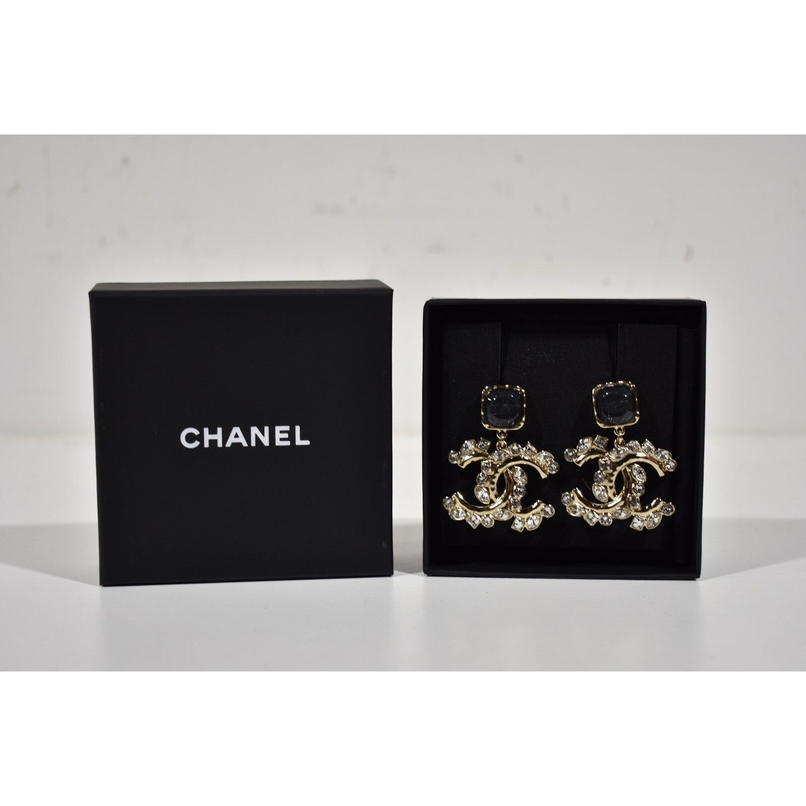 Chanel Chanel Gold Crystal Black XL Statement Stud Drop Earrings Size ONE SIZE - 4 Thumbnail