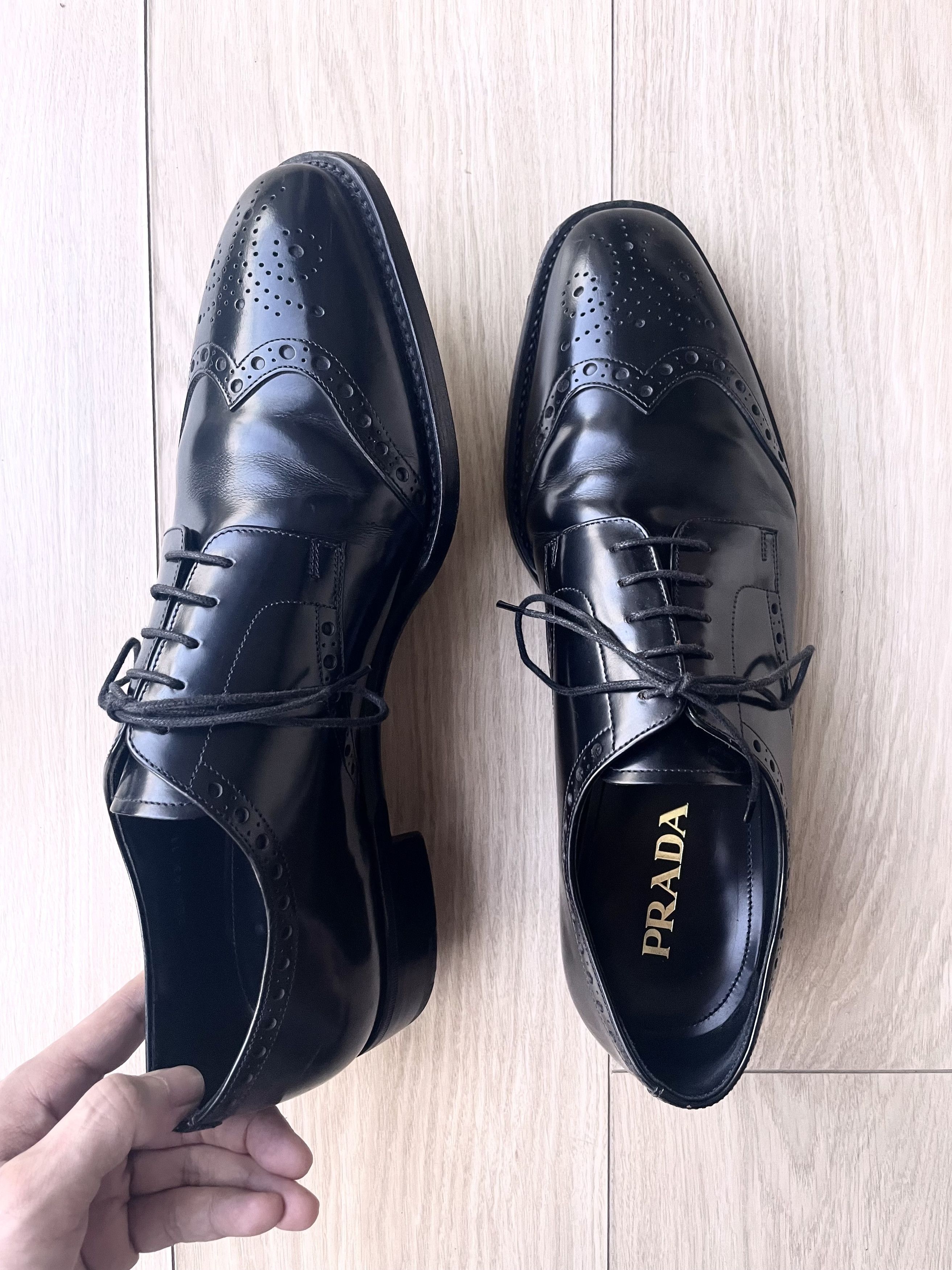 Prada PRADA SPAZZOLATO LEATHER FULL BROGUE WING TIP DERBY SHOES Size US 12 / EU 45 - 12 Thumbnail