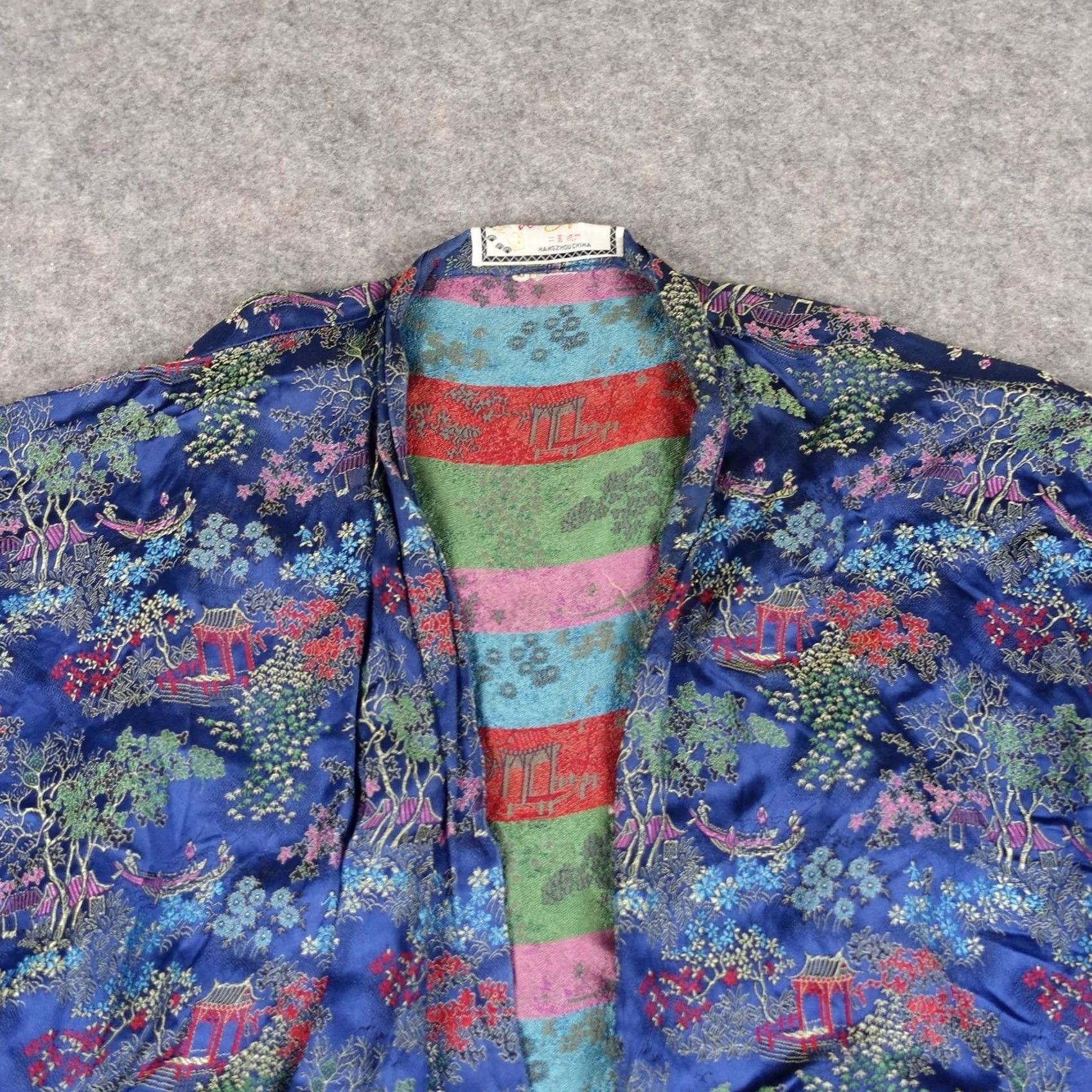Vintage VINTAGE Solz Squirrel Kimono Blue Satin XL Belted Floral Scenic Chinese Robe XS? Size ONE SIZE - 2 Thumbnail