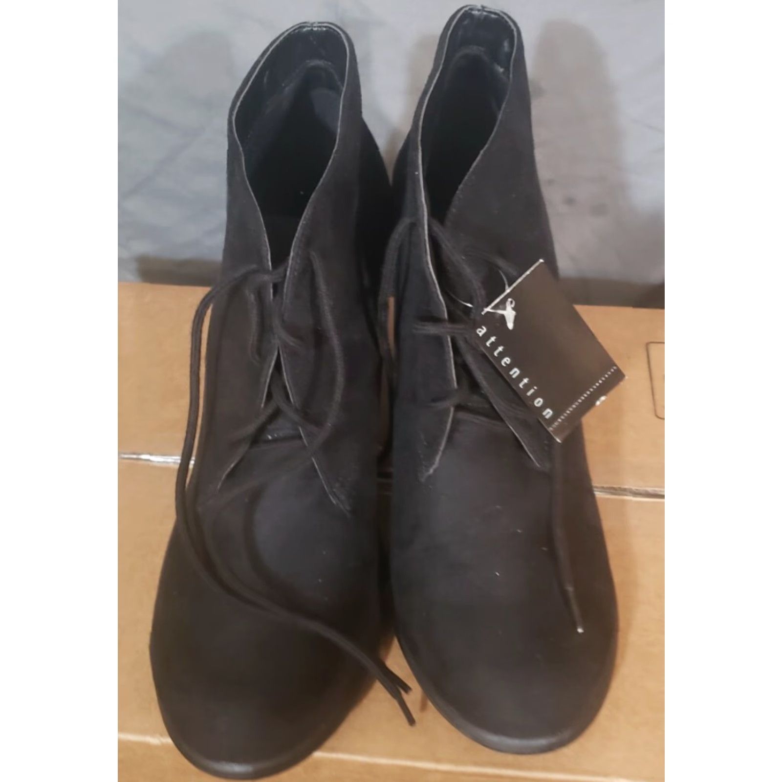 Vintage Attention Womens Black Faux Suede Vegan Lace Up Booties Talina Heel SZ 11 Boots Size US 10 / IT 40 - 6 Thumbnail