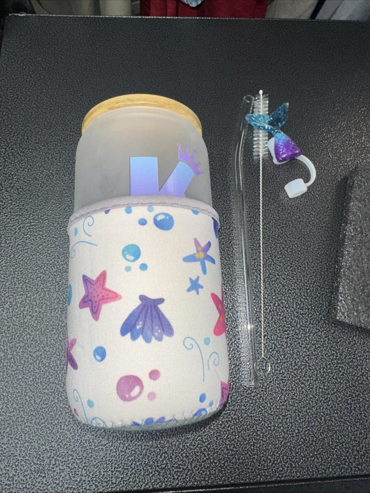 The Unbranded Brand 16oz Glass Cup with Bamboo Lid, Mermaid Straw Sleeve Cleaner Size ONE SIZE - 1 Thumbnail