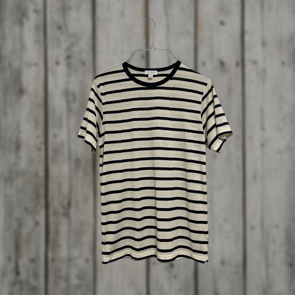 Sunspel Men's XS Cotton Striped Blue Beige Short Sleeve Shirt Crew Peru